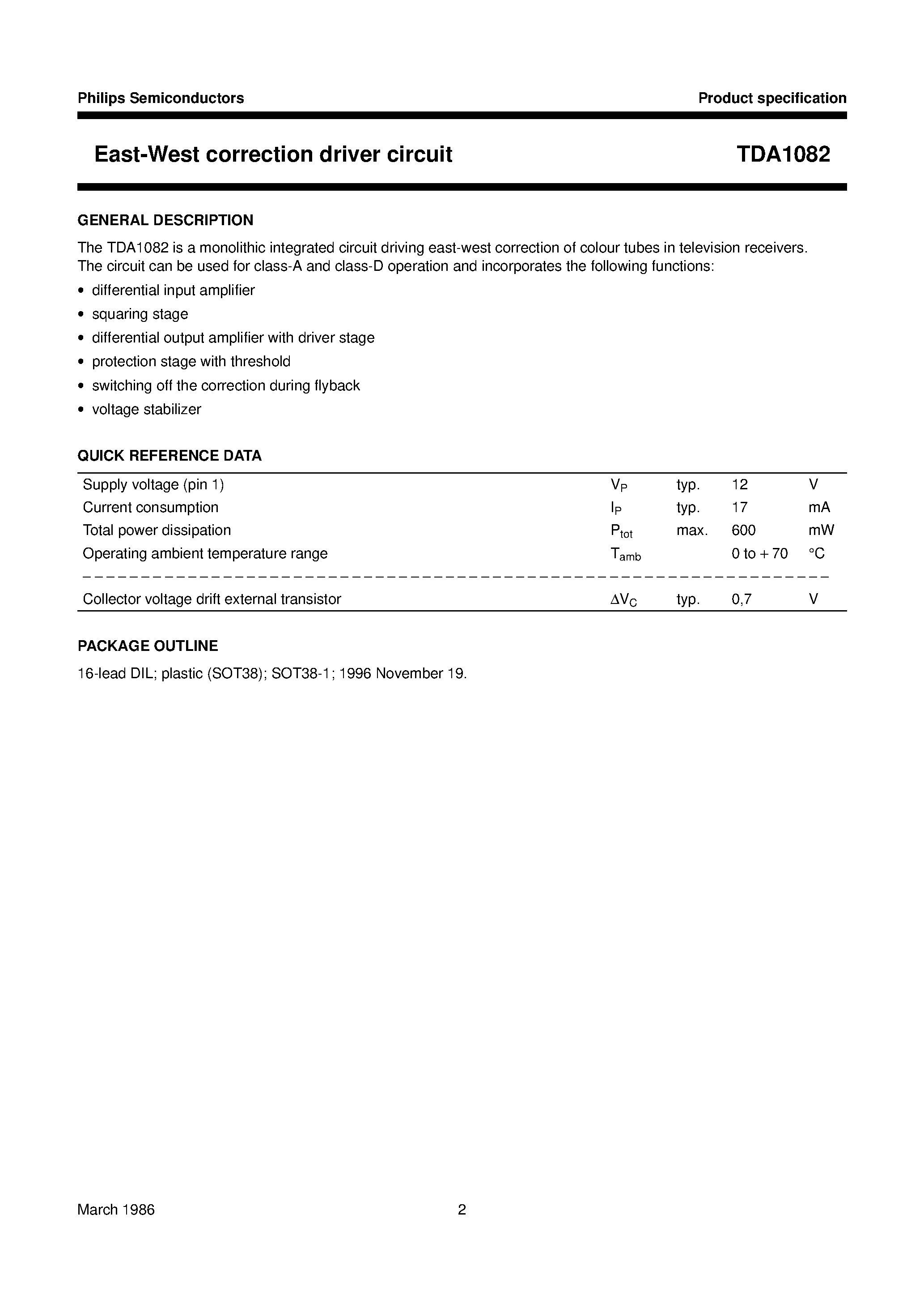 Datasheet TDA1082 - East-West correction driver circuit page 2