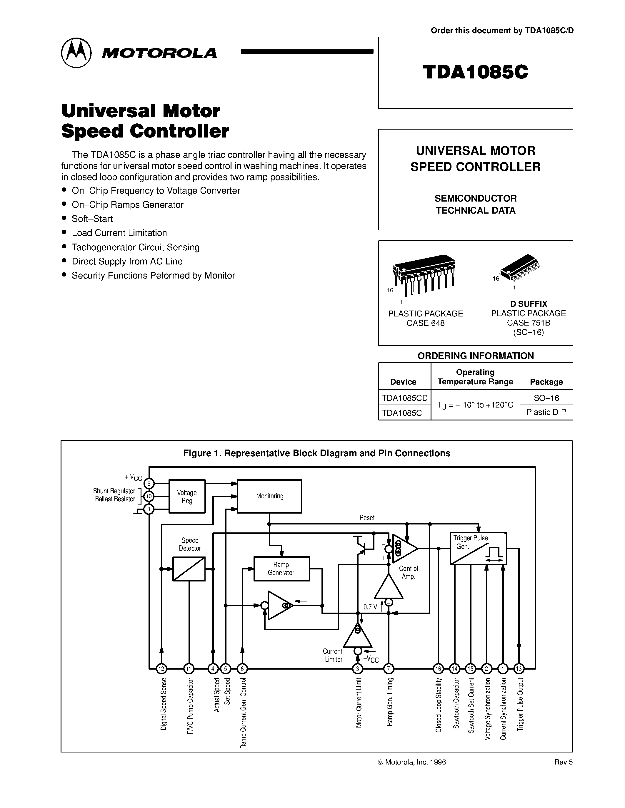 Datasheet TDA1085C - UNIVERSAL MOTOR SPEED CONTROLLER page 1