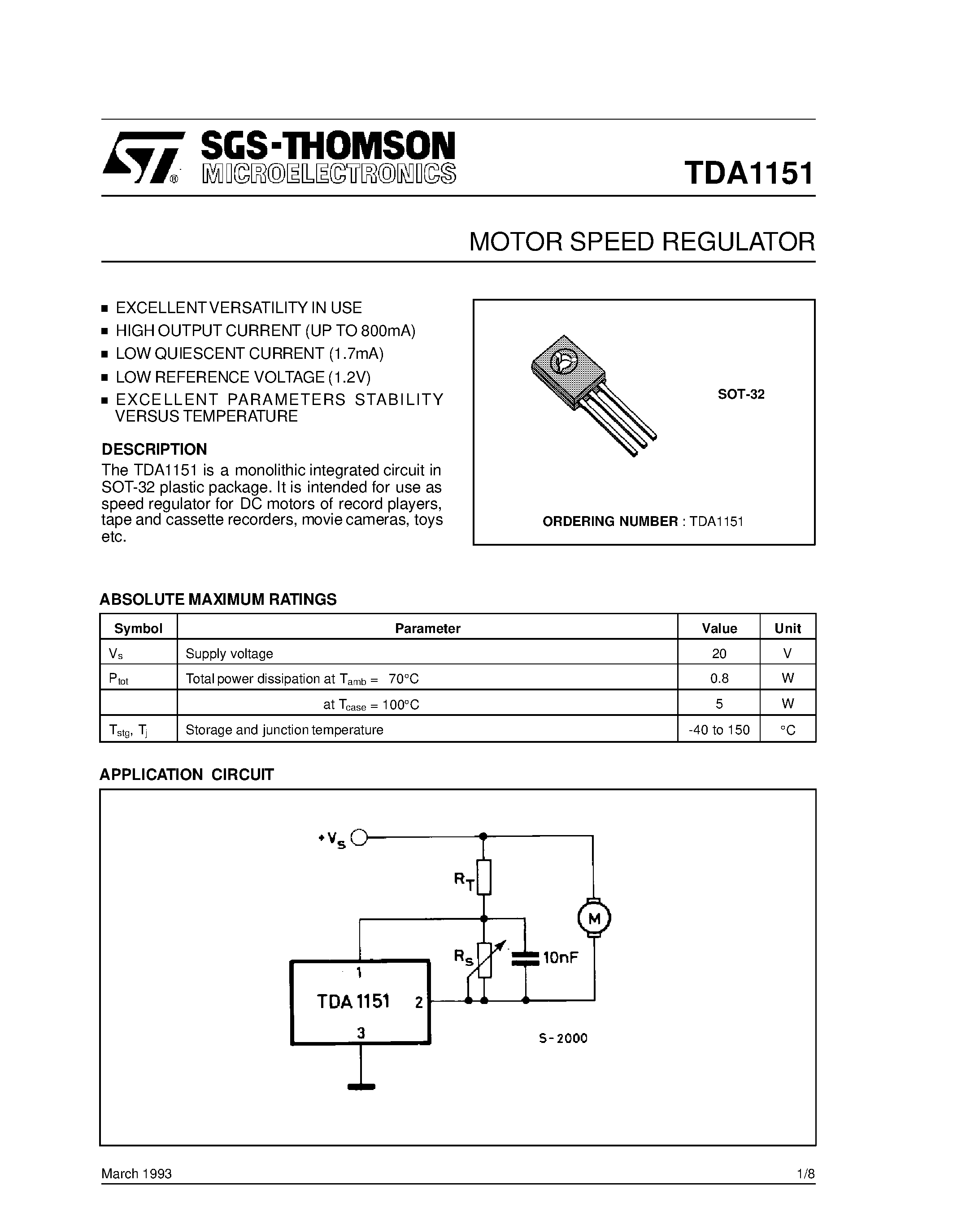 Datasheet TDA1151 - MOTOR SPEED REGULATOR page 1