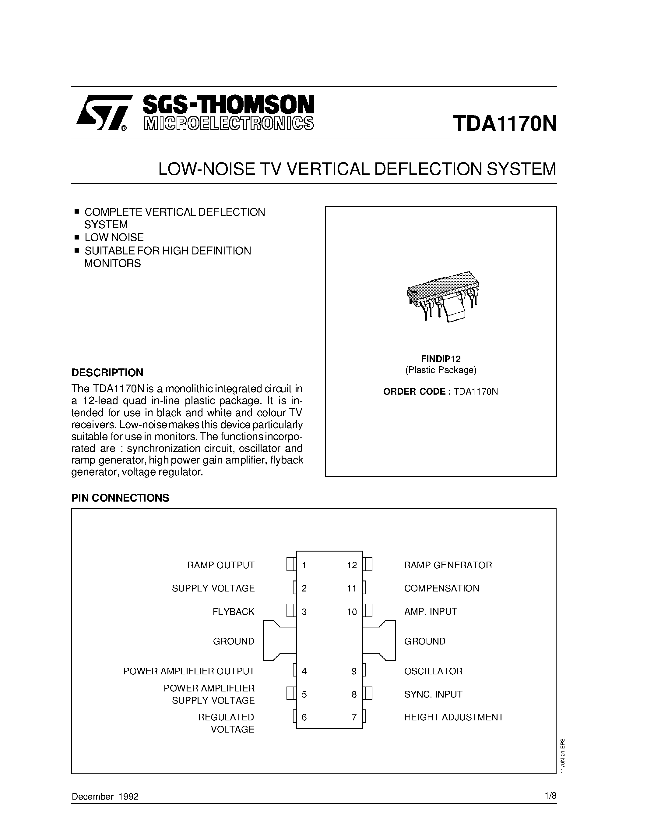 Datasheet TDA1170N - LOW-NOISE TV VERTICAL DEFLECTION SYSTEM page 1