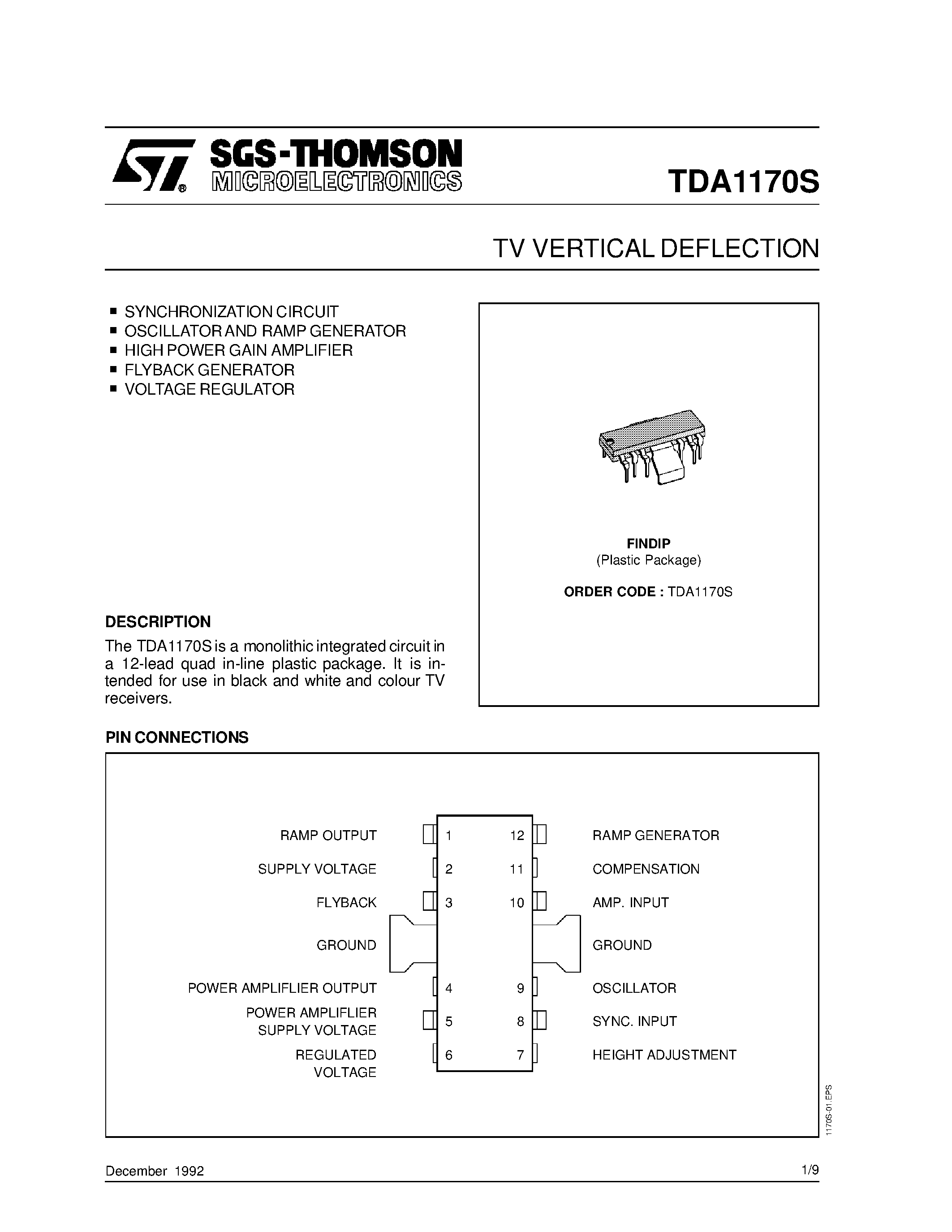 Datasheet TDA1170S - TV VERTICAL DEFLECTION page 1