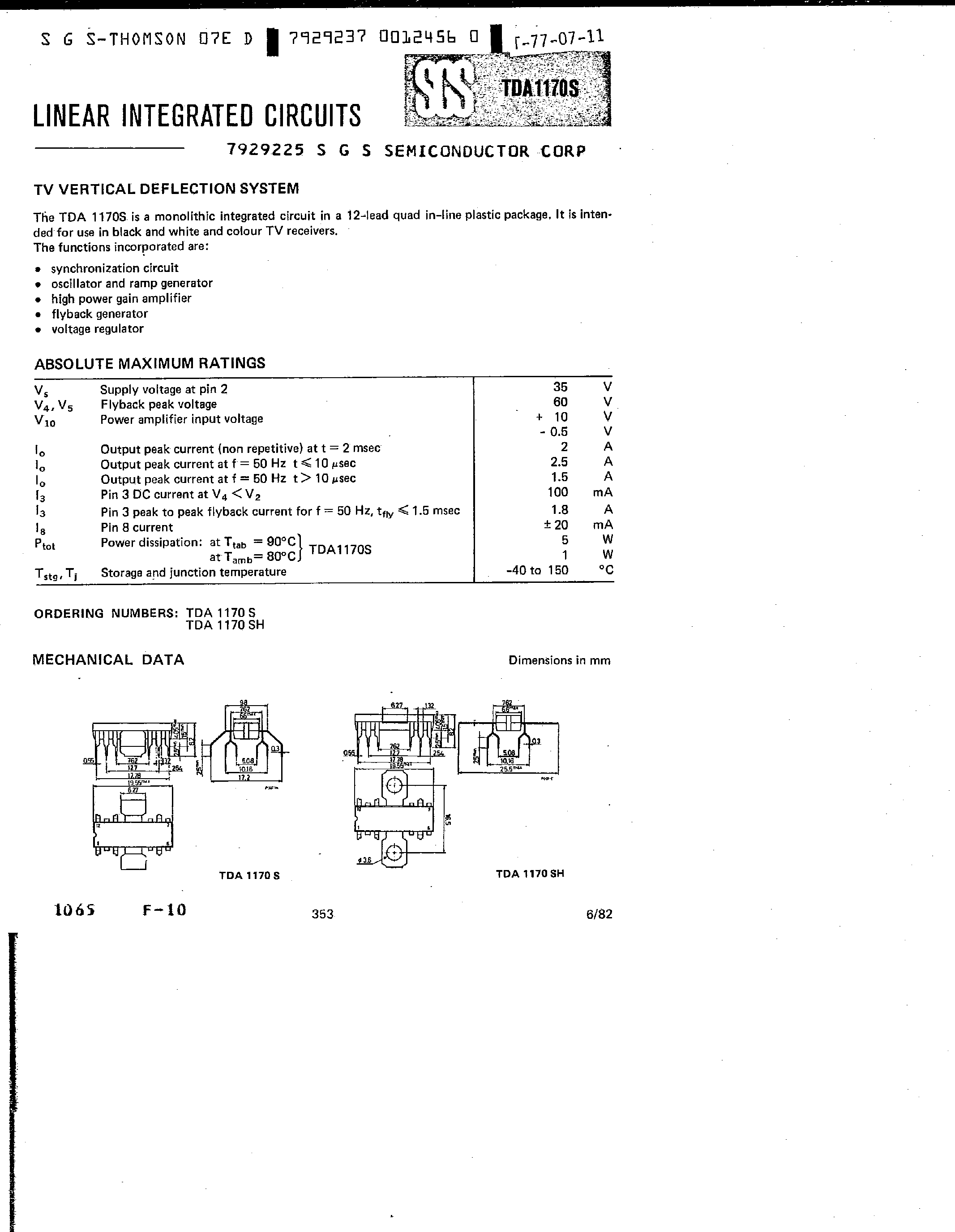 Datasheet TDA1170S - TV VERTICAL DEFLECTION SYSTEM page 1