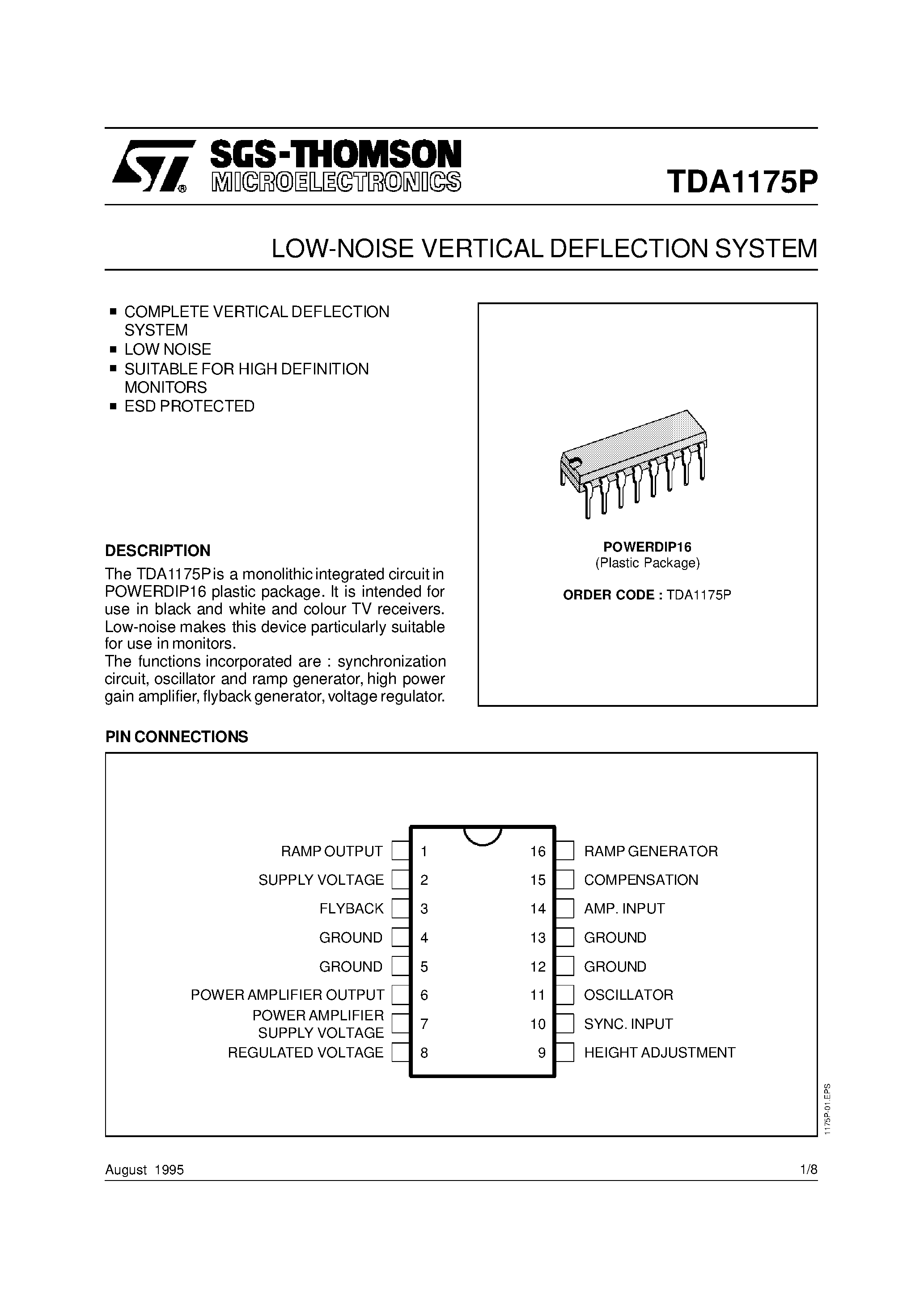 Datasheet TDA1175 - LOW-NOISE VERTICAL DEFLECTION SYSTEM page 1