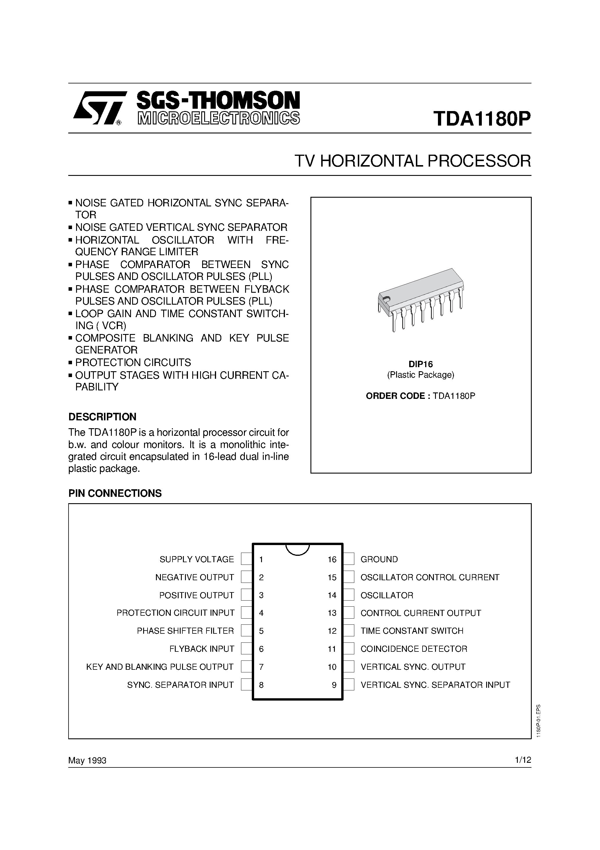 Datasheet TDA1180 - TV HORIZONTAL PROCESSOR page 1