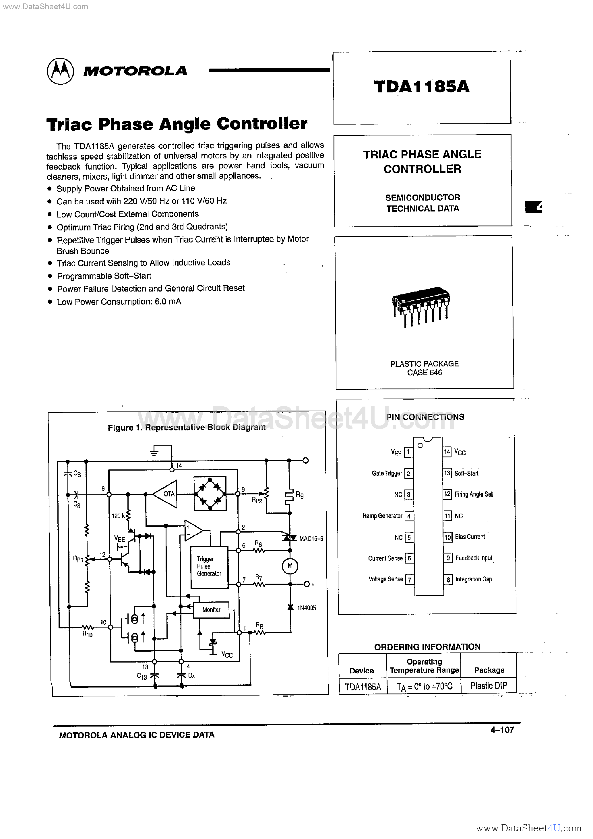 Даташит TDA1185A - Triac Phase Angle Controller страница 1