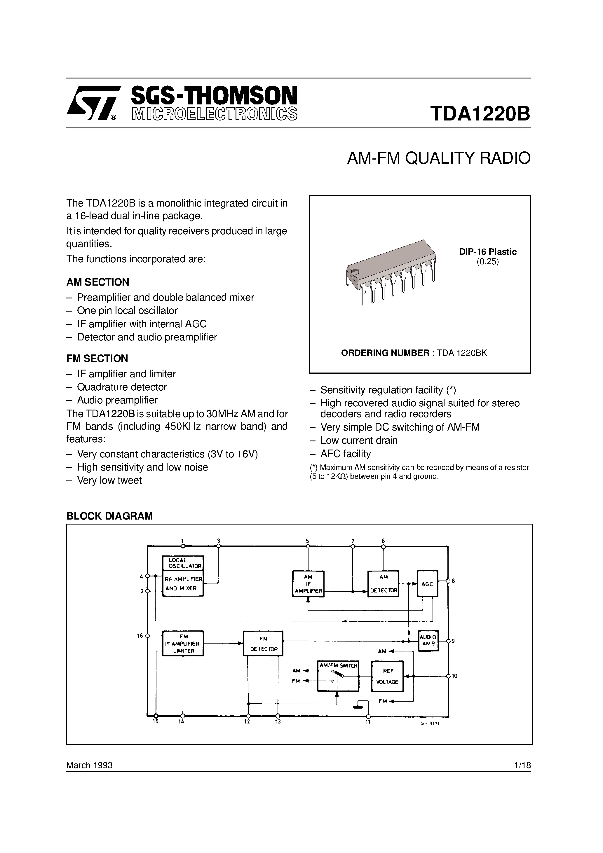 Datasheet TDA1220 - AM-FM QUALITY RADIO page 1