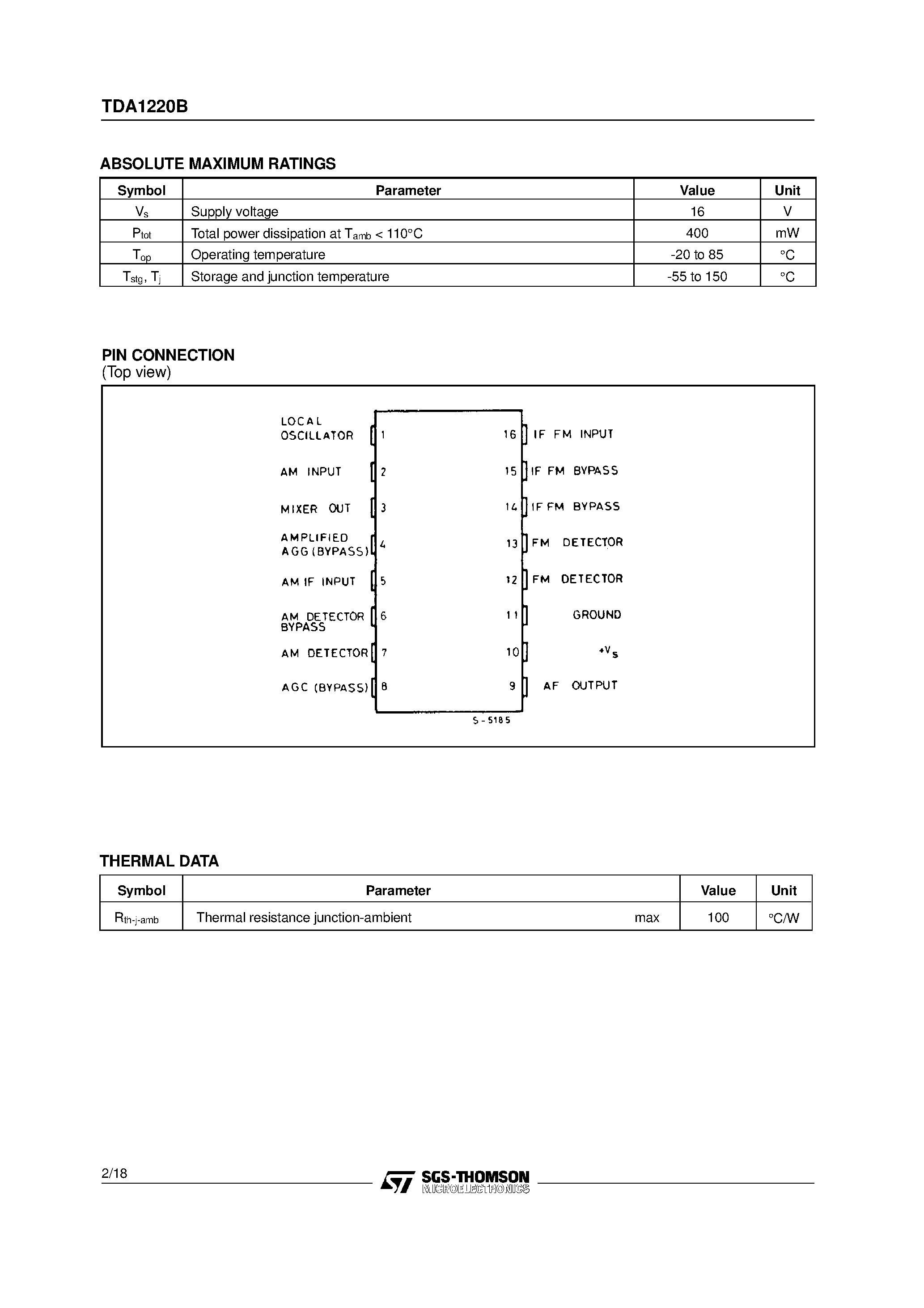 Datasheet TDA1220 - AM-FM QUALITY RADIO page 2