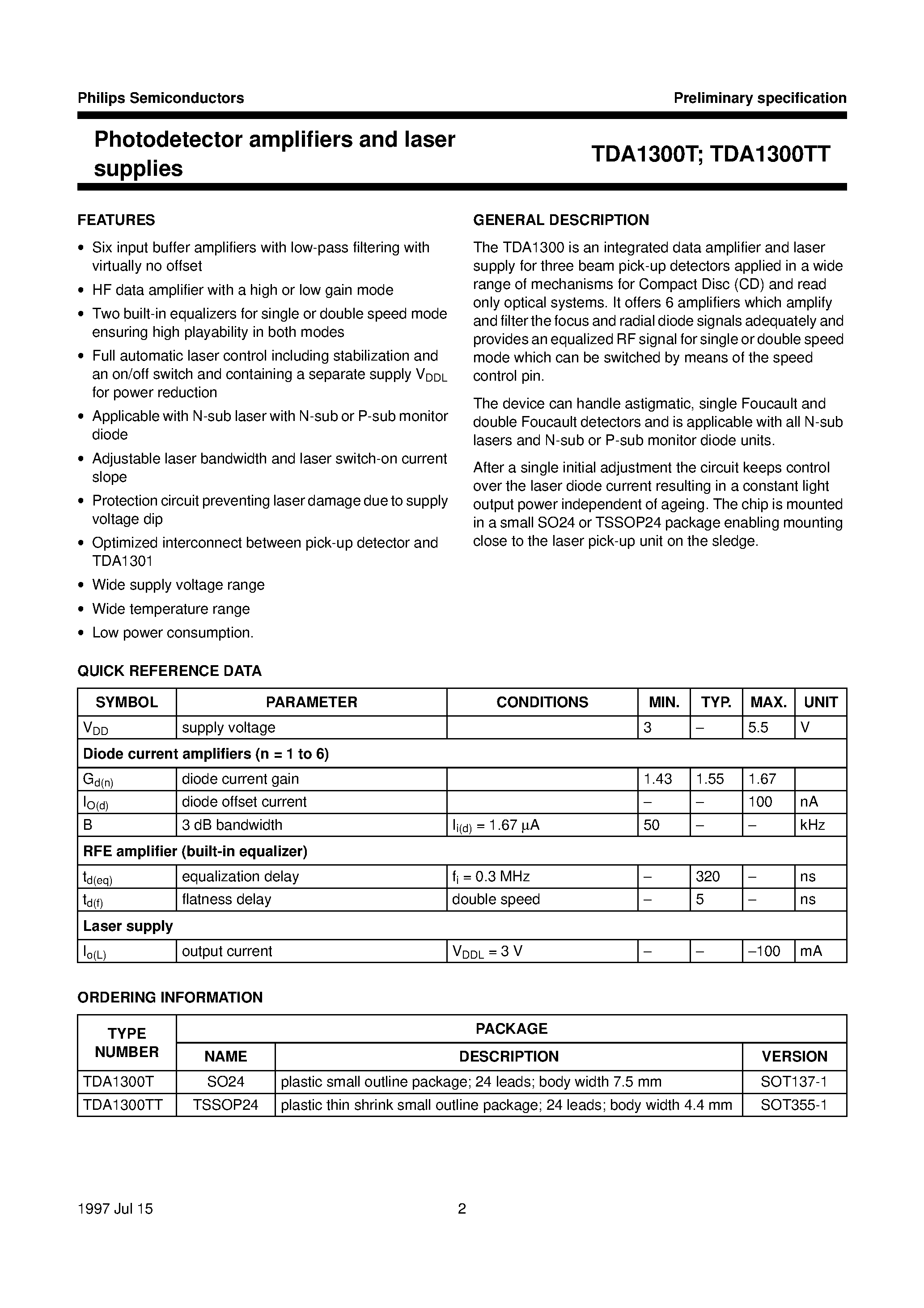 Datasheet TDA1300 - Photodetector amplifiers and laser supplies page 2