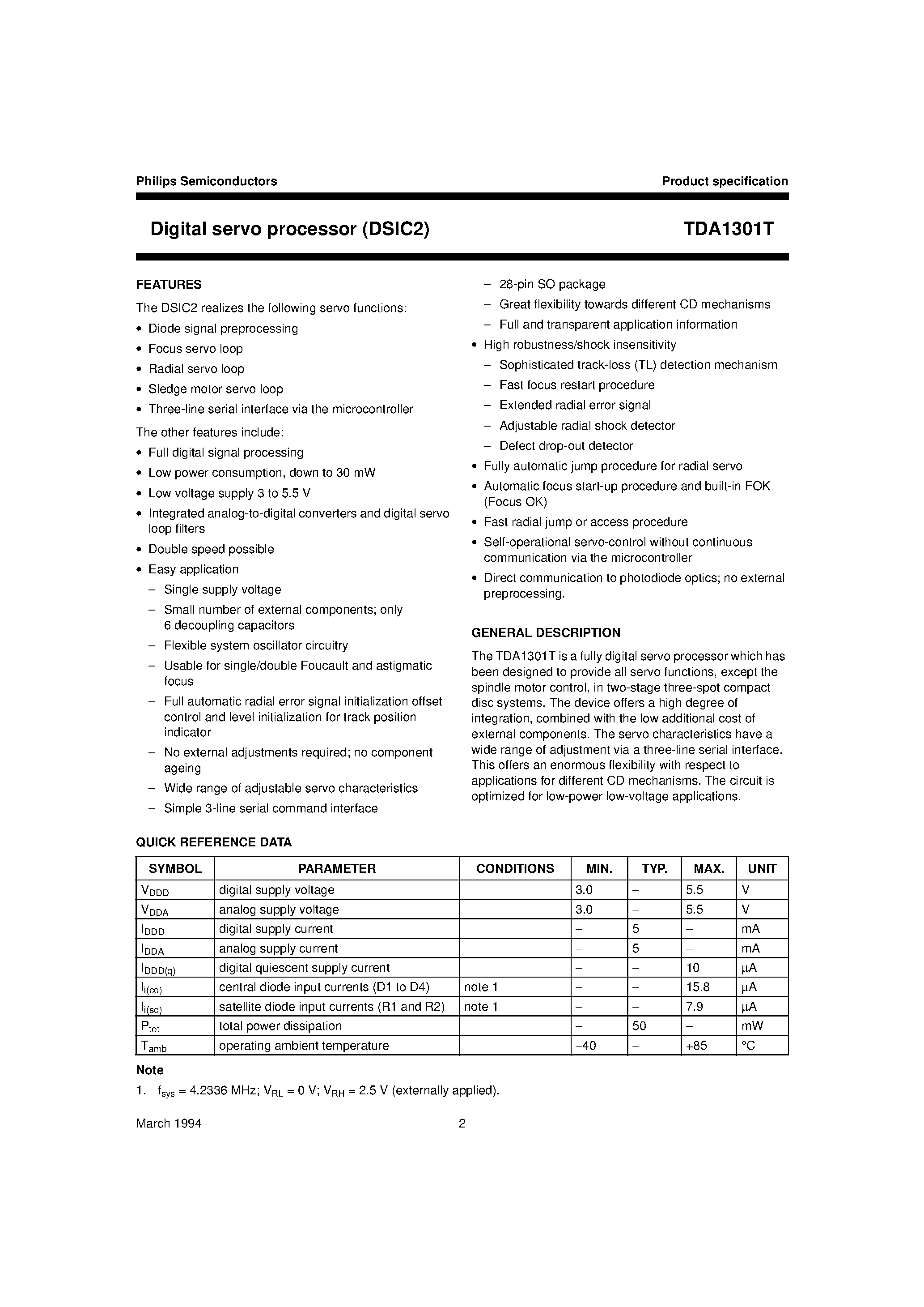 Datasheet TDA1301 - Digital servo processor DSIC2 page 1