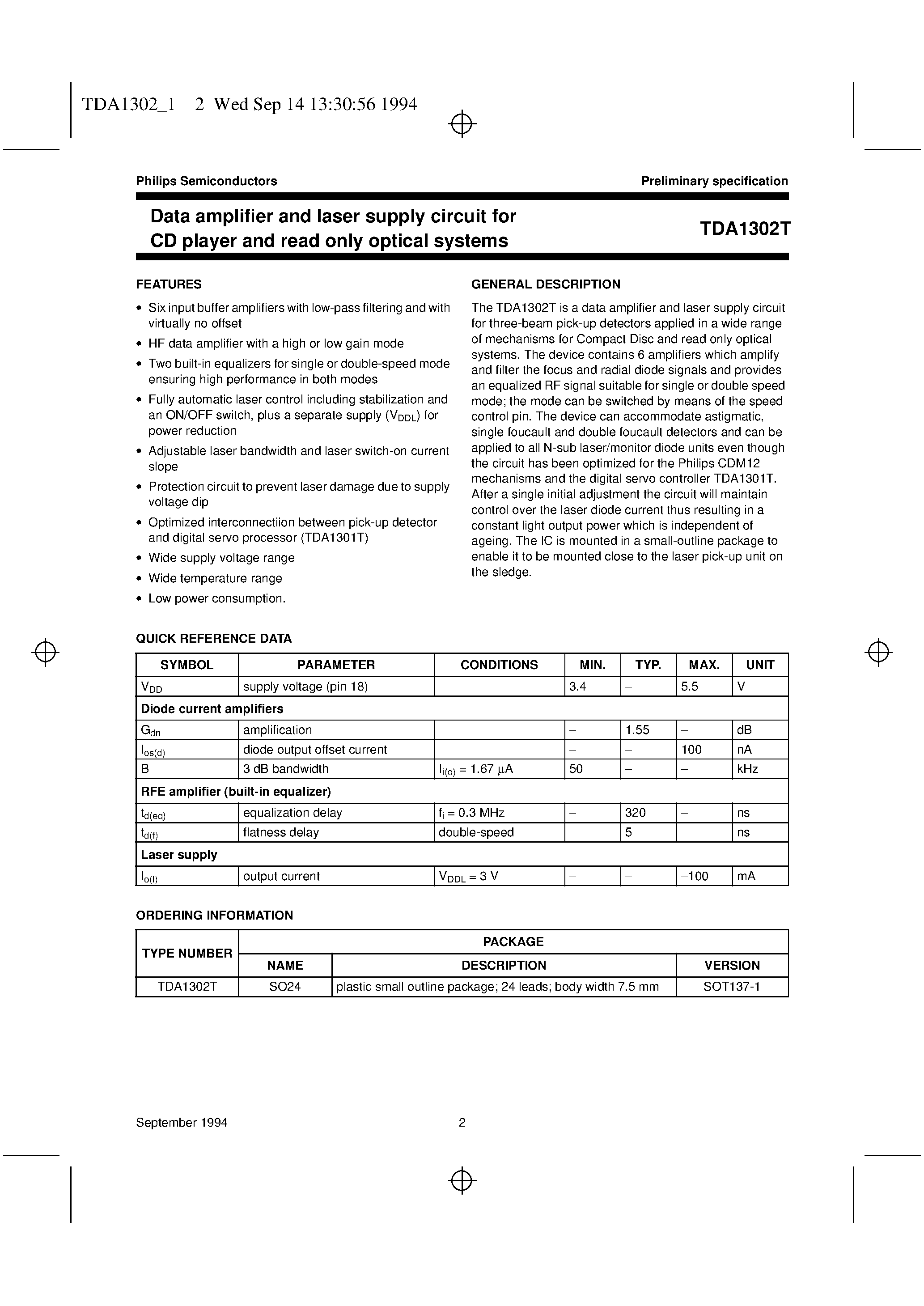 Datasheet TDA1302T - Data amplifier and laser supply circuit for CD player and read only optical systems page 1