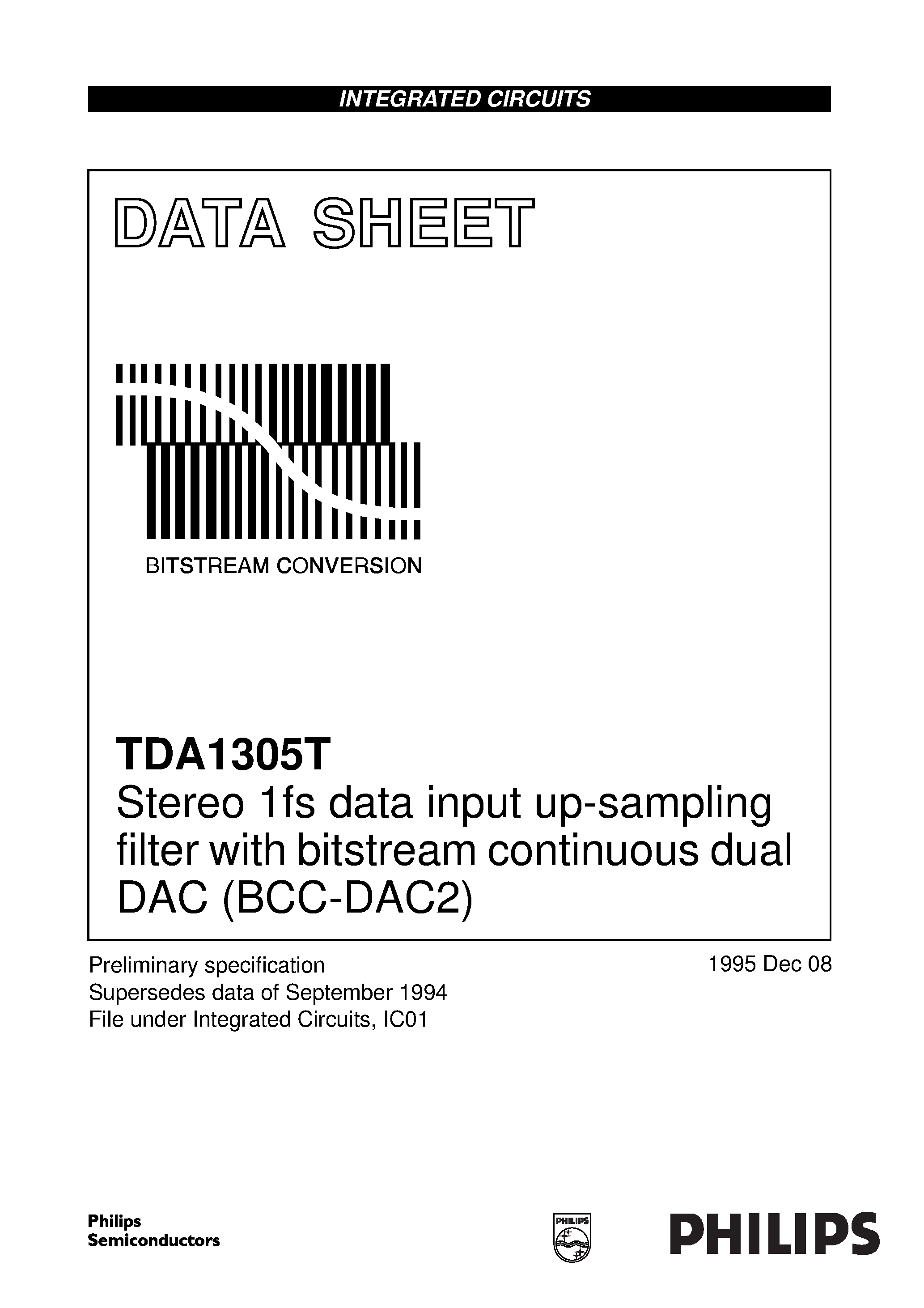 Datasheet TDA1305 - Stereo 1fs data input up-sampling filter with bitstream continuous dual DAC BCC-DAC2 page 1