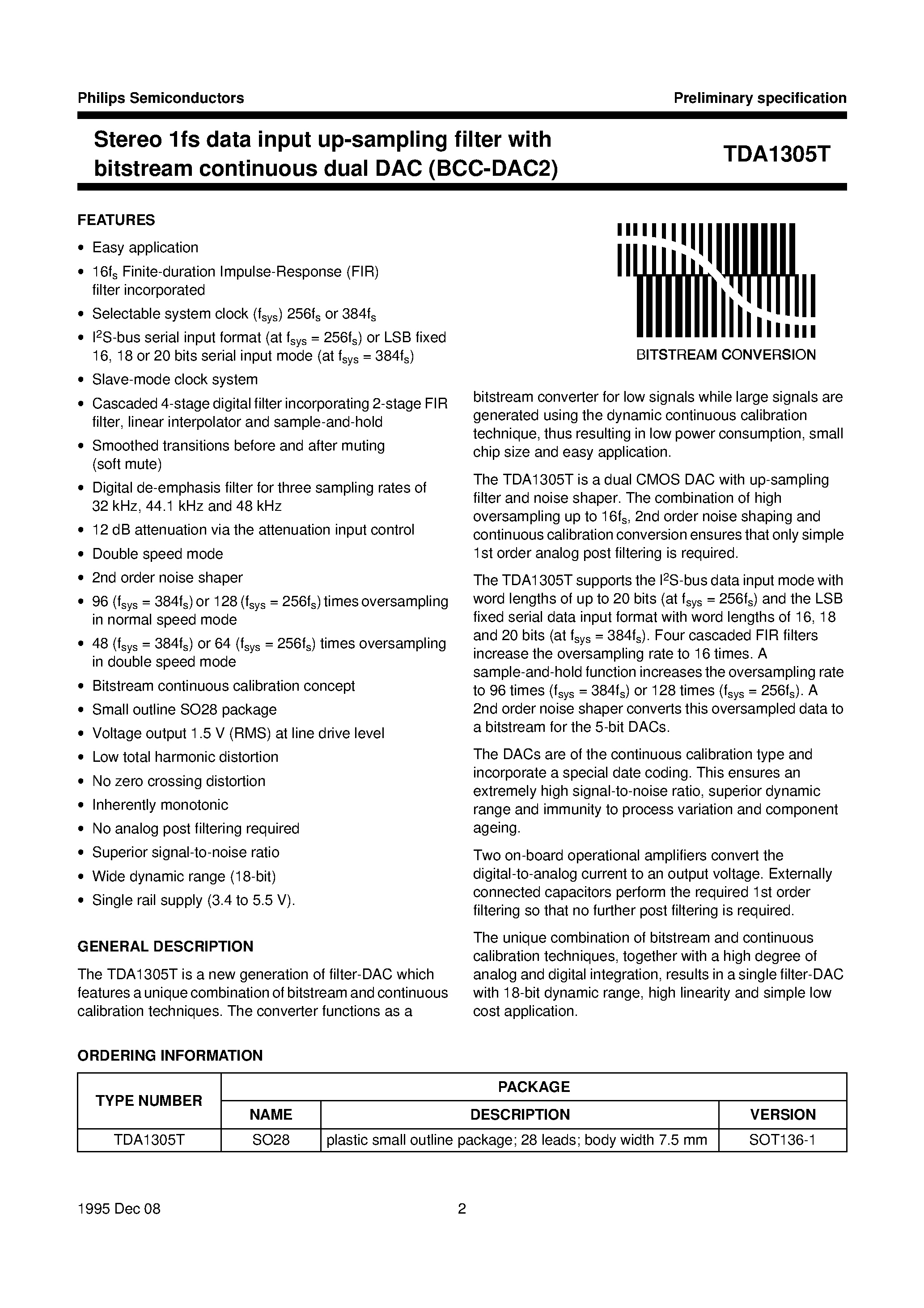 Datasheet TDA1305 - Stereo 1fs data input up-sampling filter with bitstream continuous dual DAC BCC-DAC2 page 2