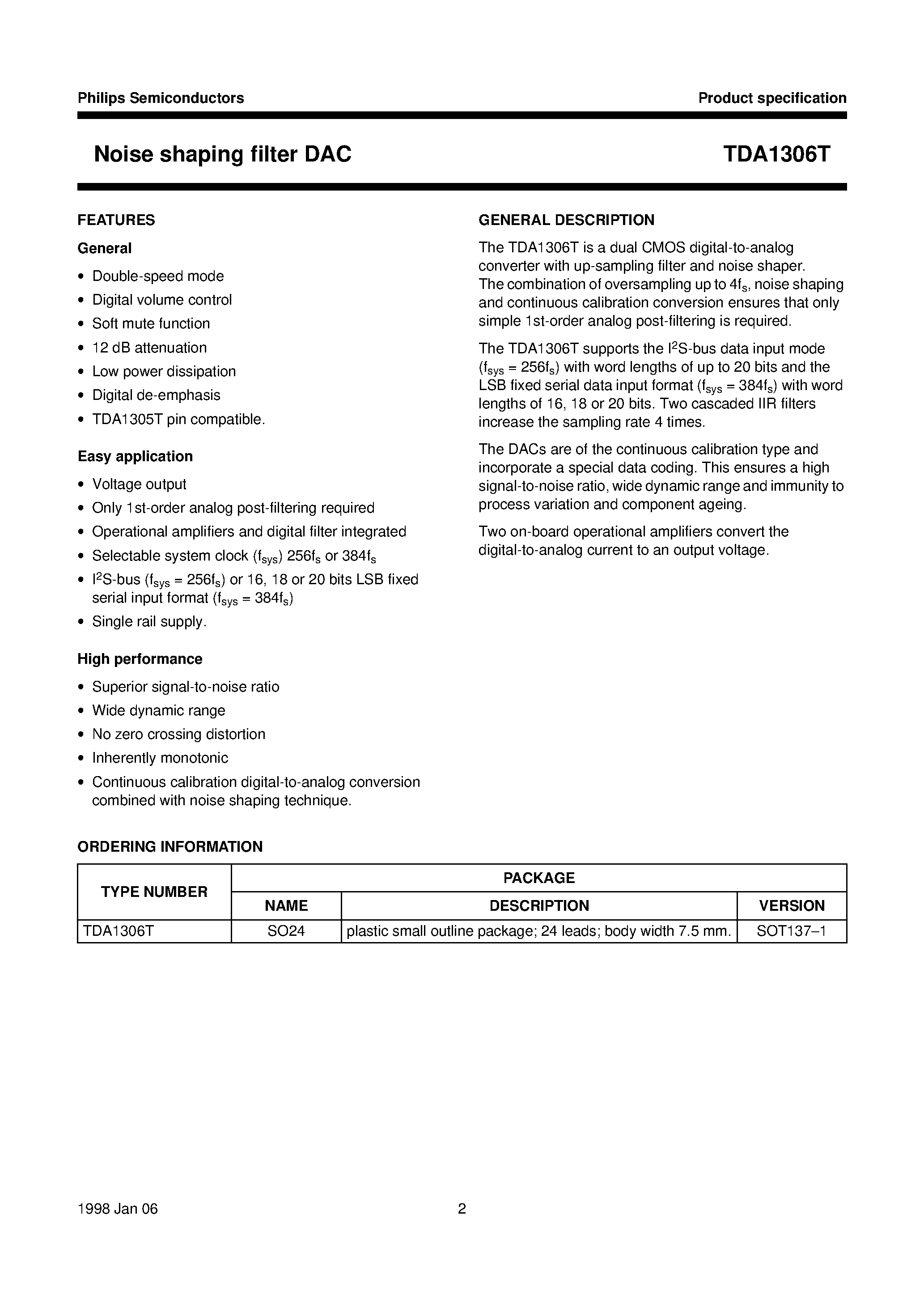 Datasheet TDA1306T - Noise shaping filter DAC page 2