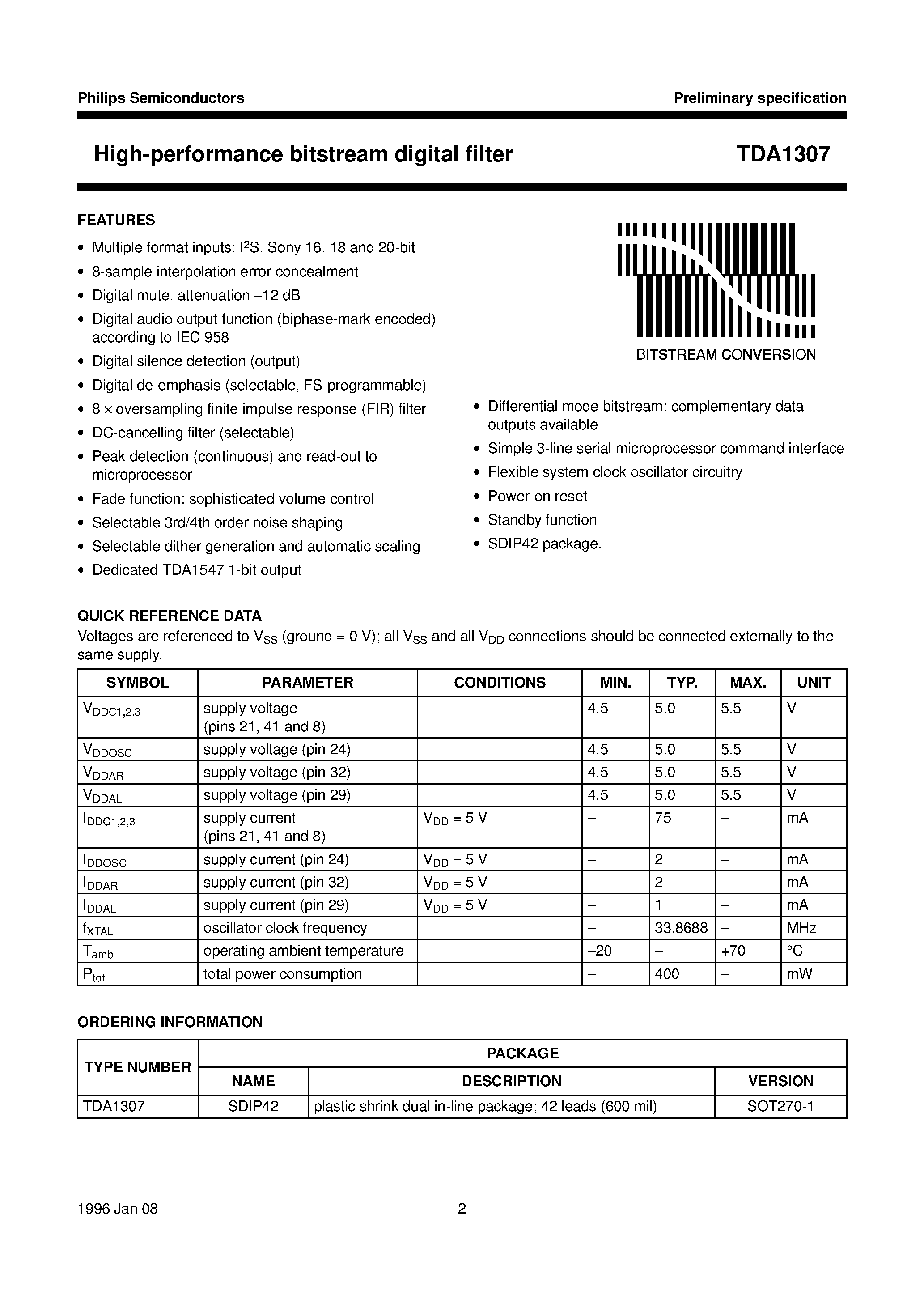 Datasheet TDA1307 - High-performance bitstream digital filter page 2