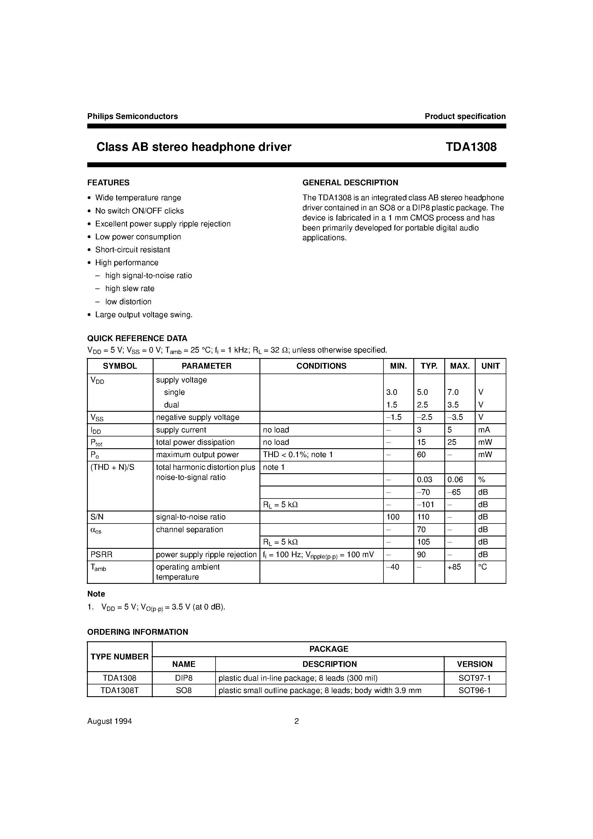 Datasheet TDA1308T - Class AB stereo headphone driver page 1