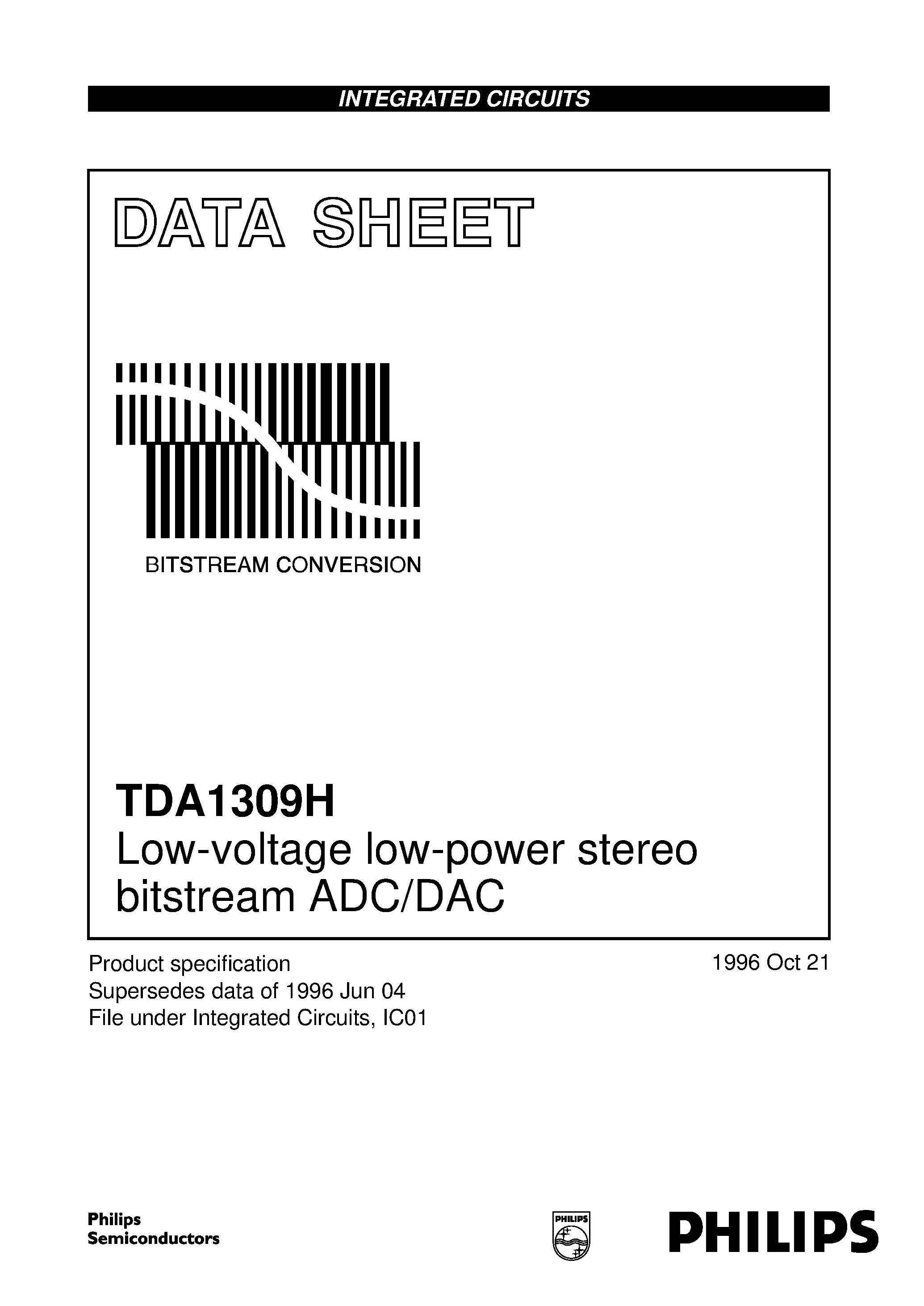 Datasheet TDA1309H - Low-voltage low-power stereo bitstream ADC/DAC page 1