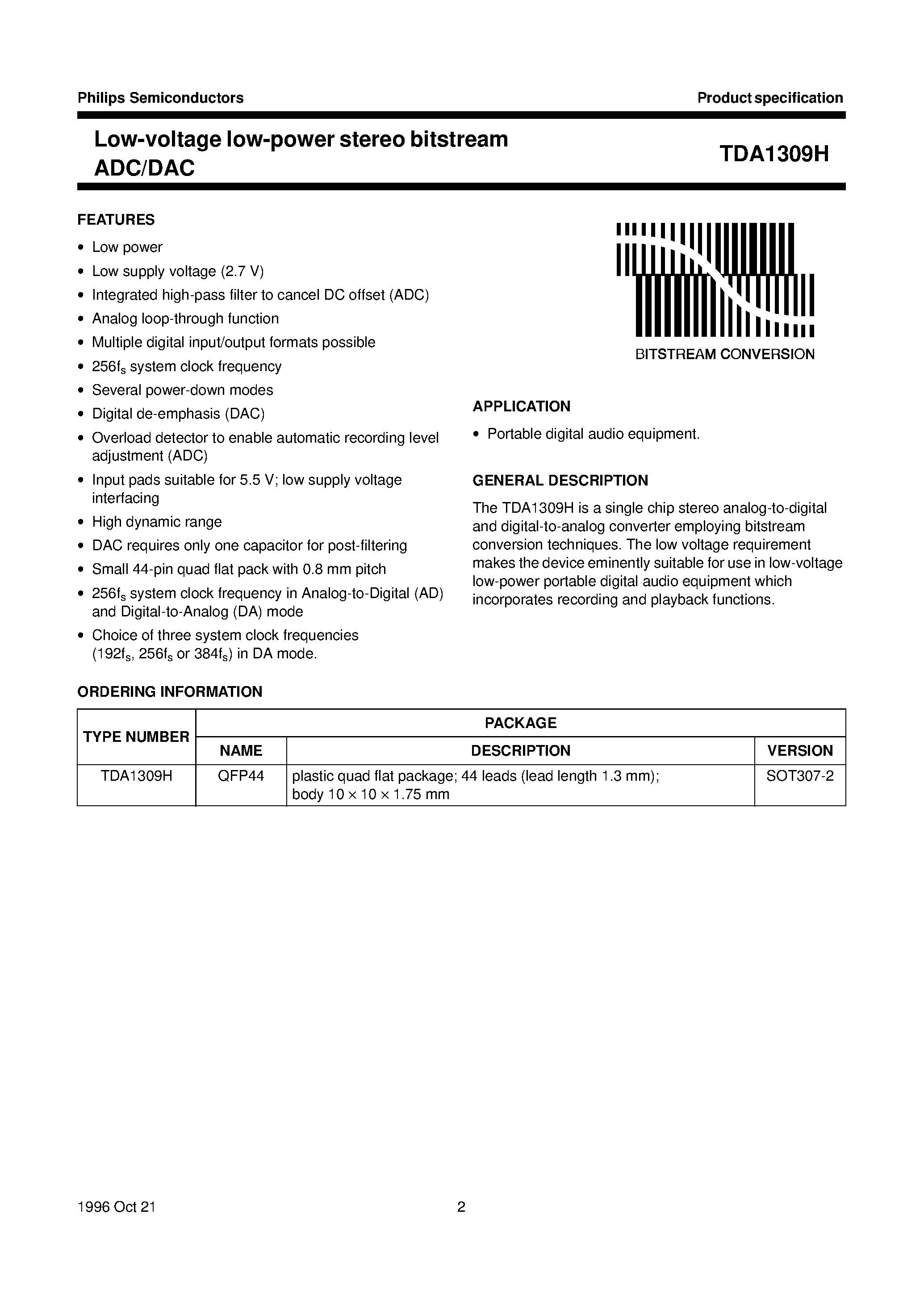 Datasheet TDA1309H - Low-voltage low-power stereo bitstream ADC/DAC page 2