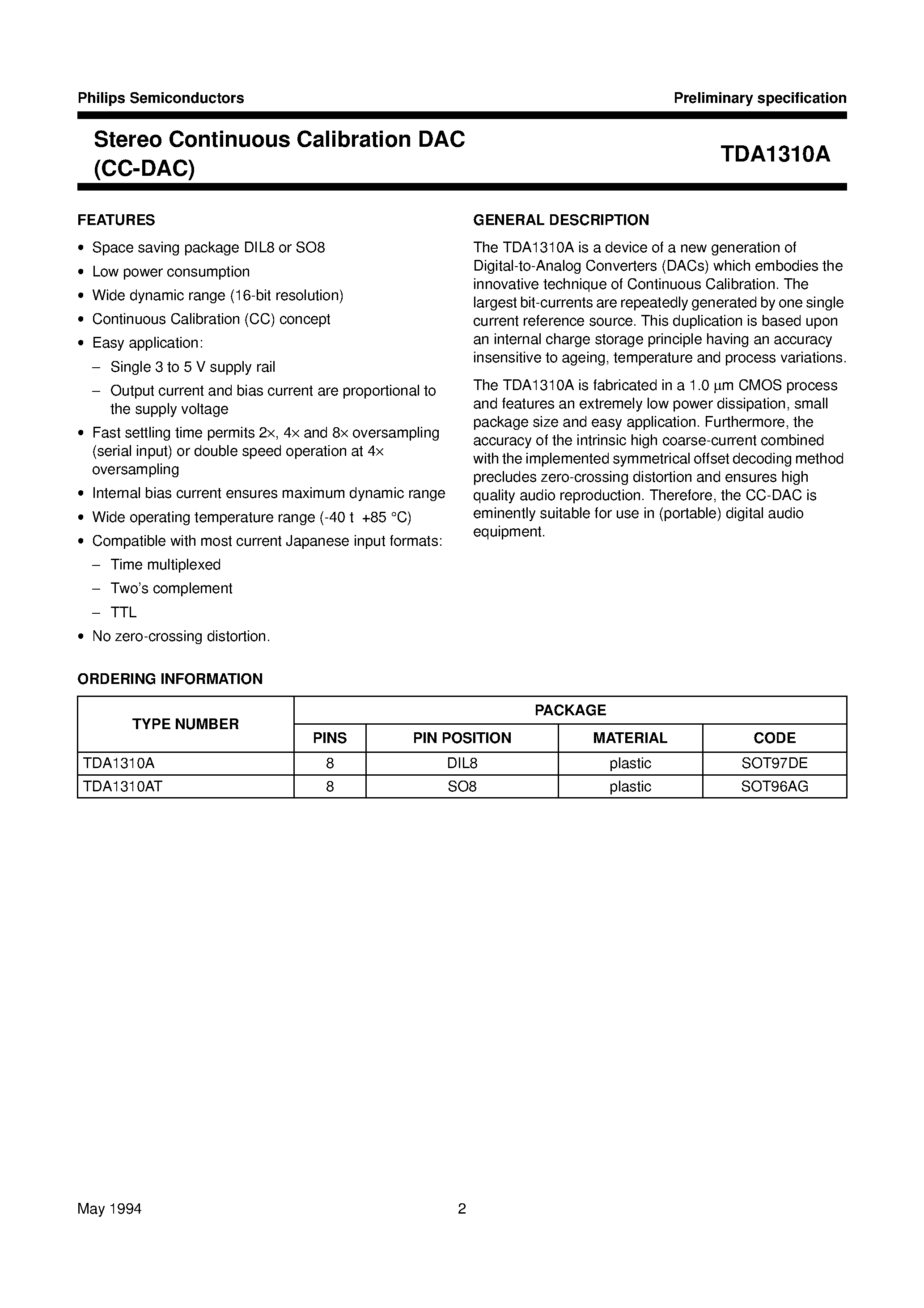 Datasheet TDA1310 - Stereo Continuous Calibration DAC CC-DAC page 2