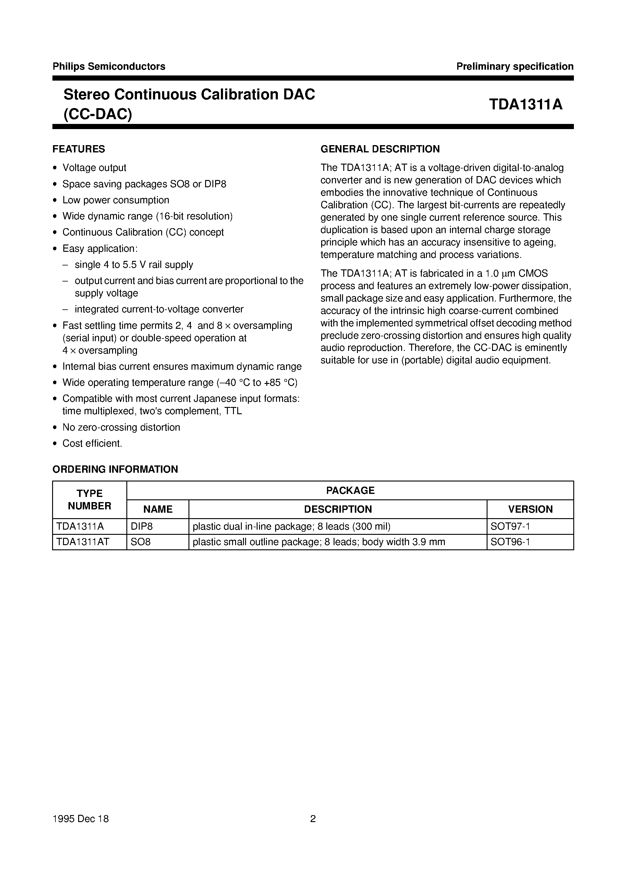 Datasheet TDA1311A - Stereo Continuous Calibration DAC CC-DAC page 2