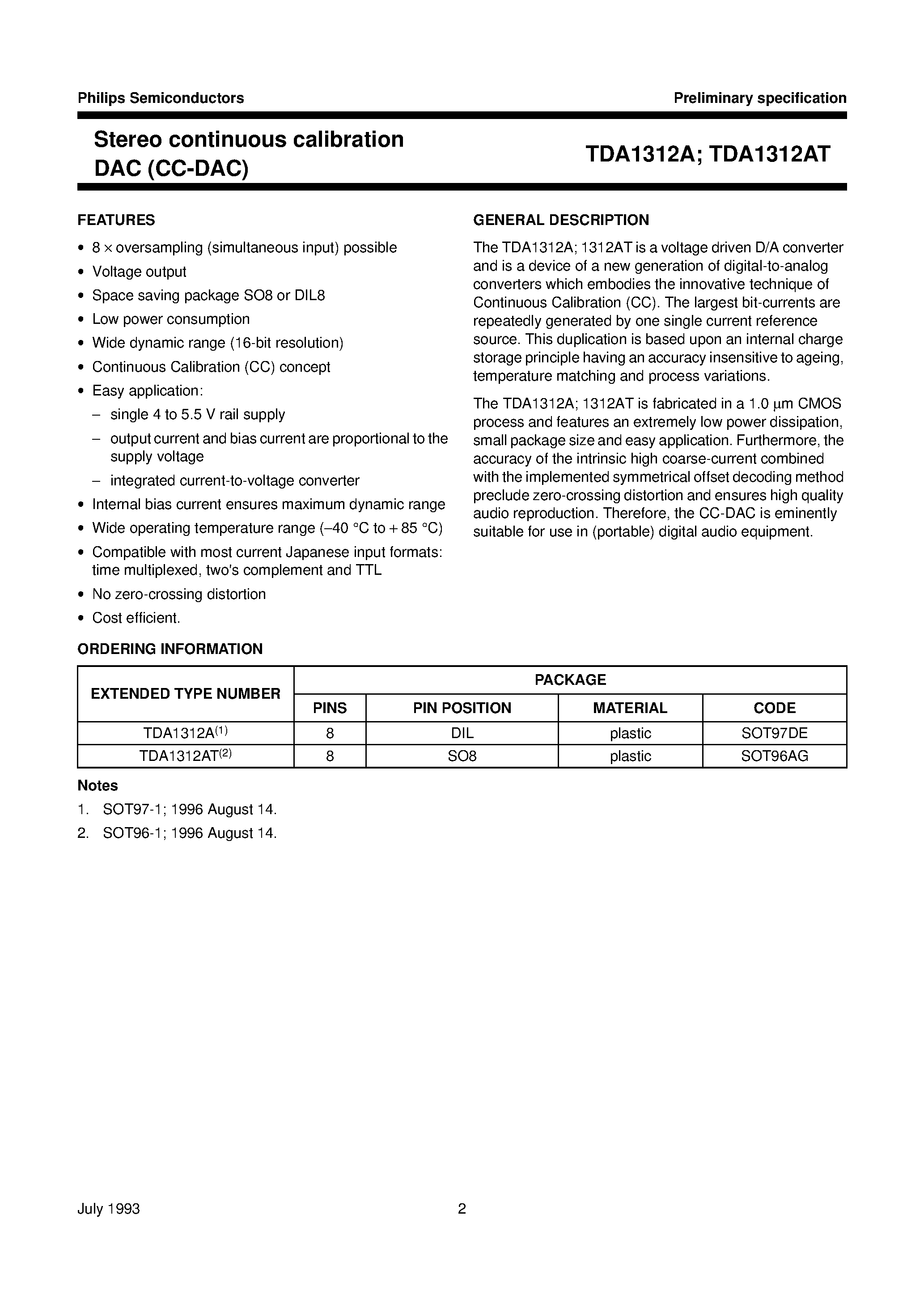 Datasheet TDA1312 - Stereo continuous calibration DAC CC-DAC page 2