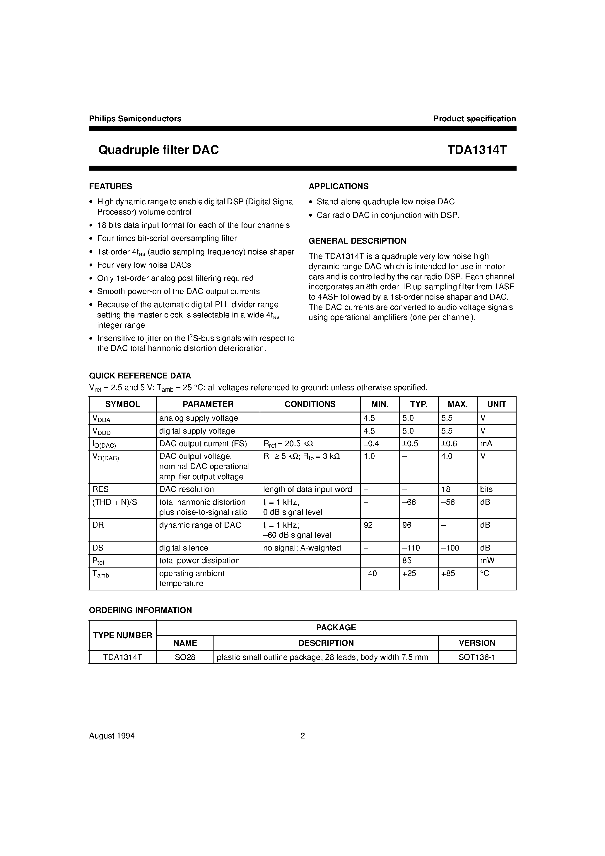 Datasheet TDA1314 - Quadruple filter DAC page 1