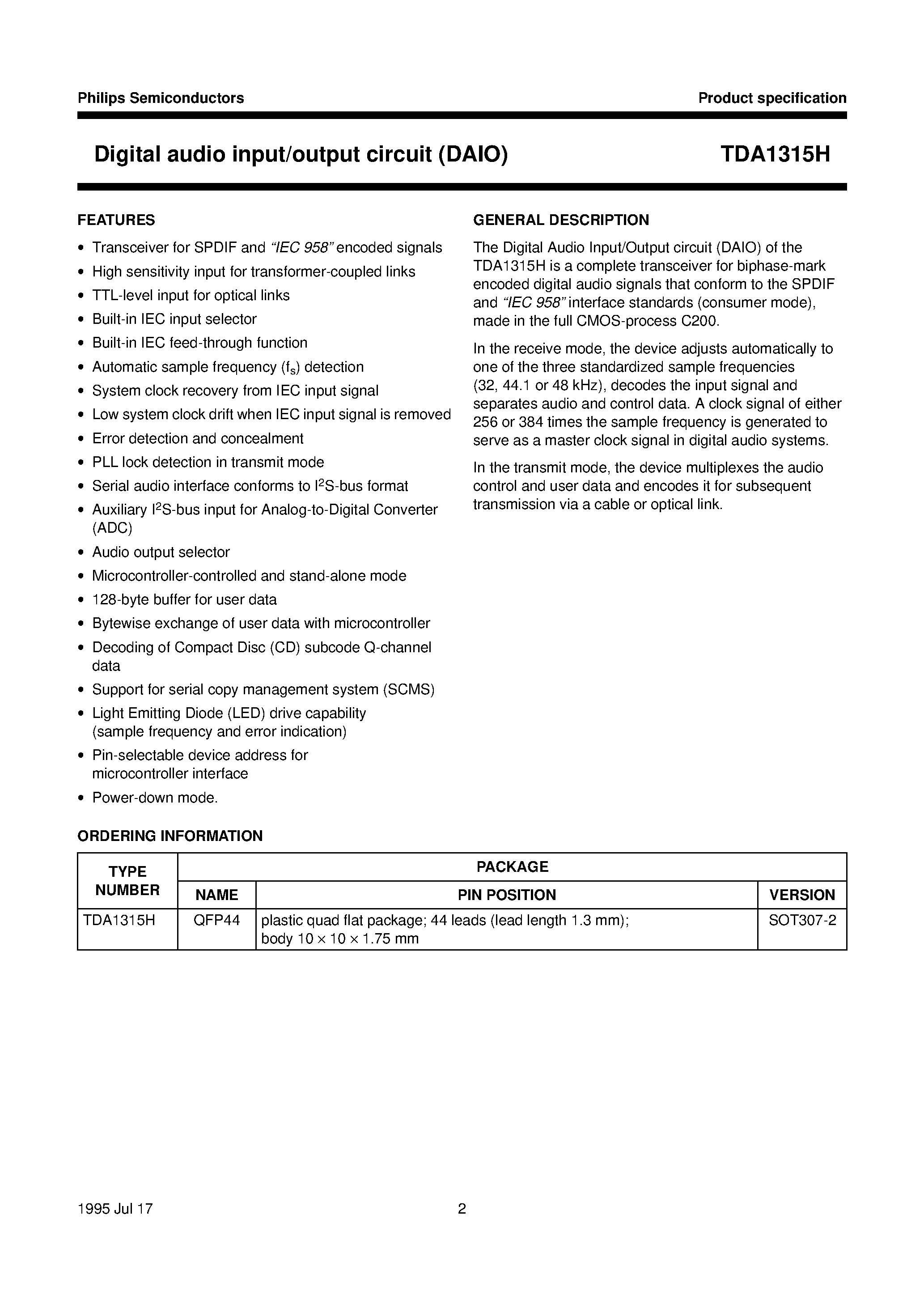 Datasheet TDA1315 - Digital audio input/output circuit DAIO page 2