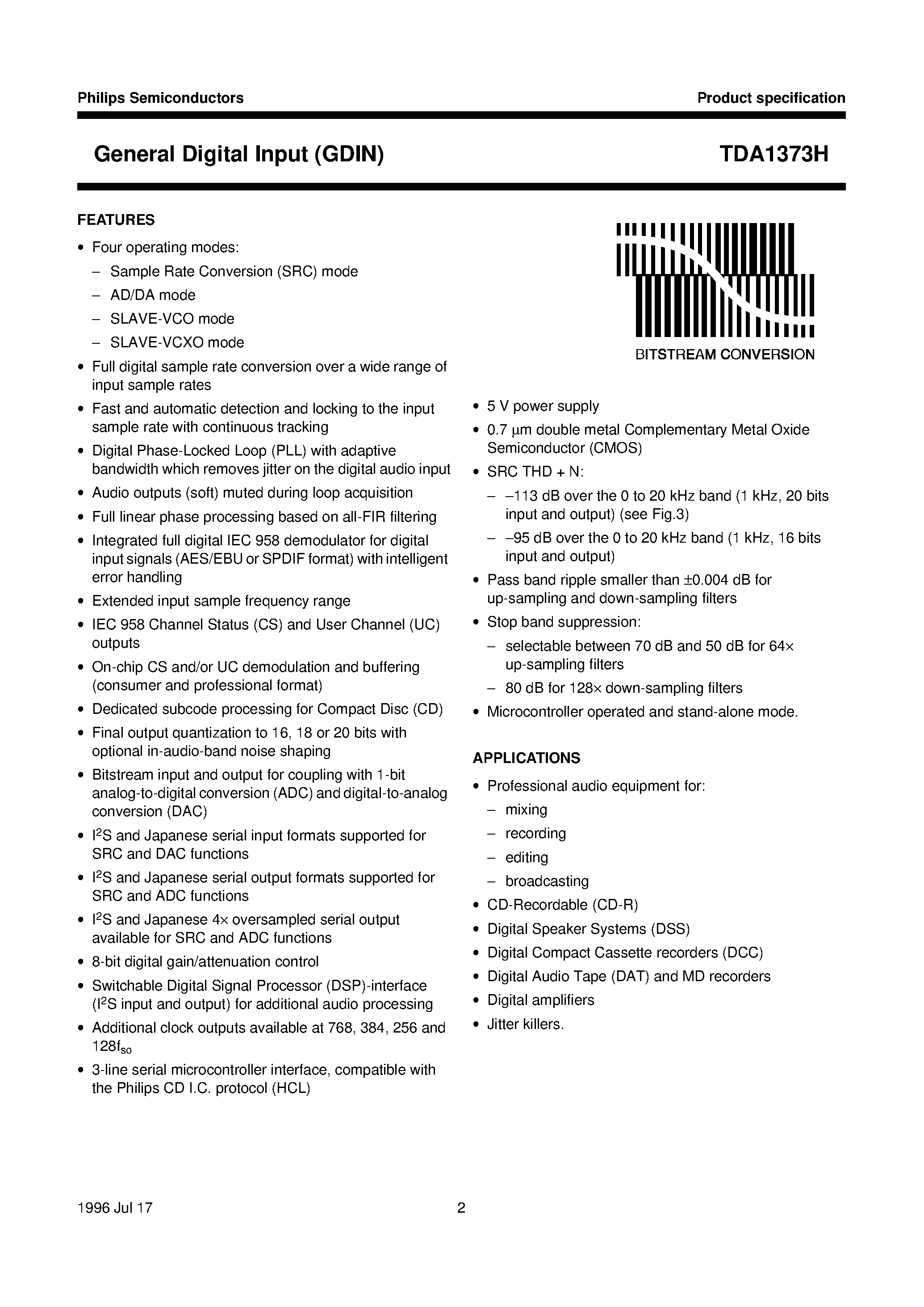 Datasheet TDA1373H - General Digital Input GDIN page 2