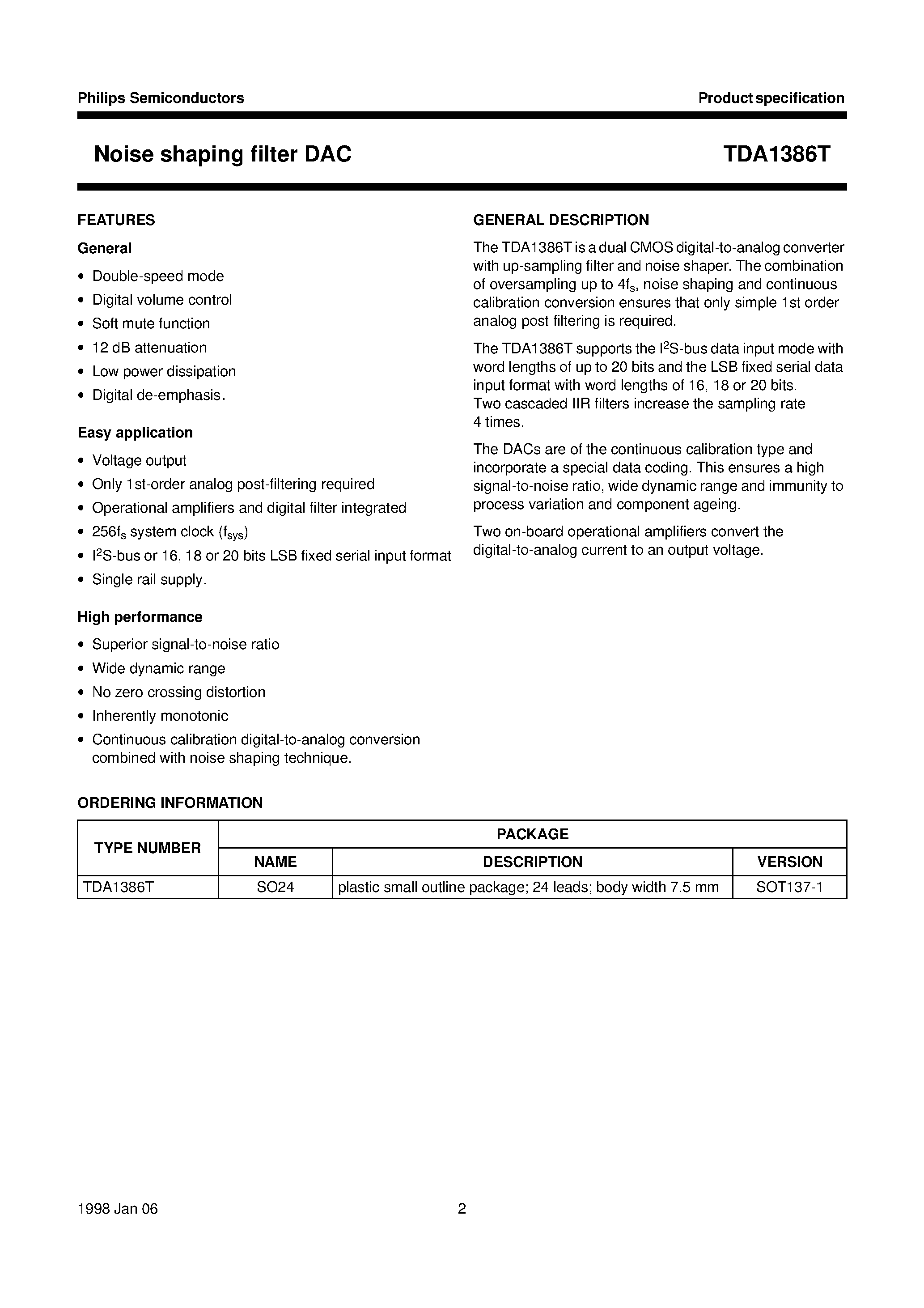 Datasheet TDA1386T - Noise shaping filter DAC page 2