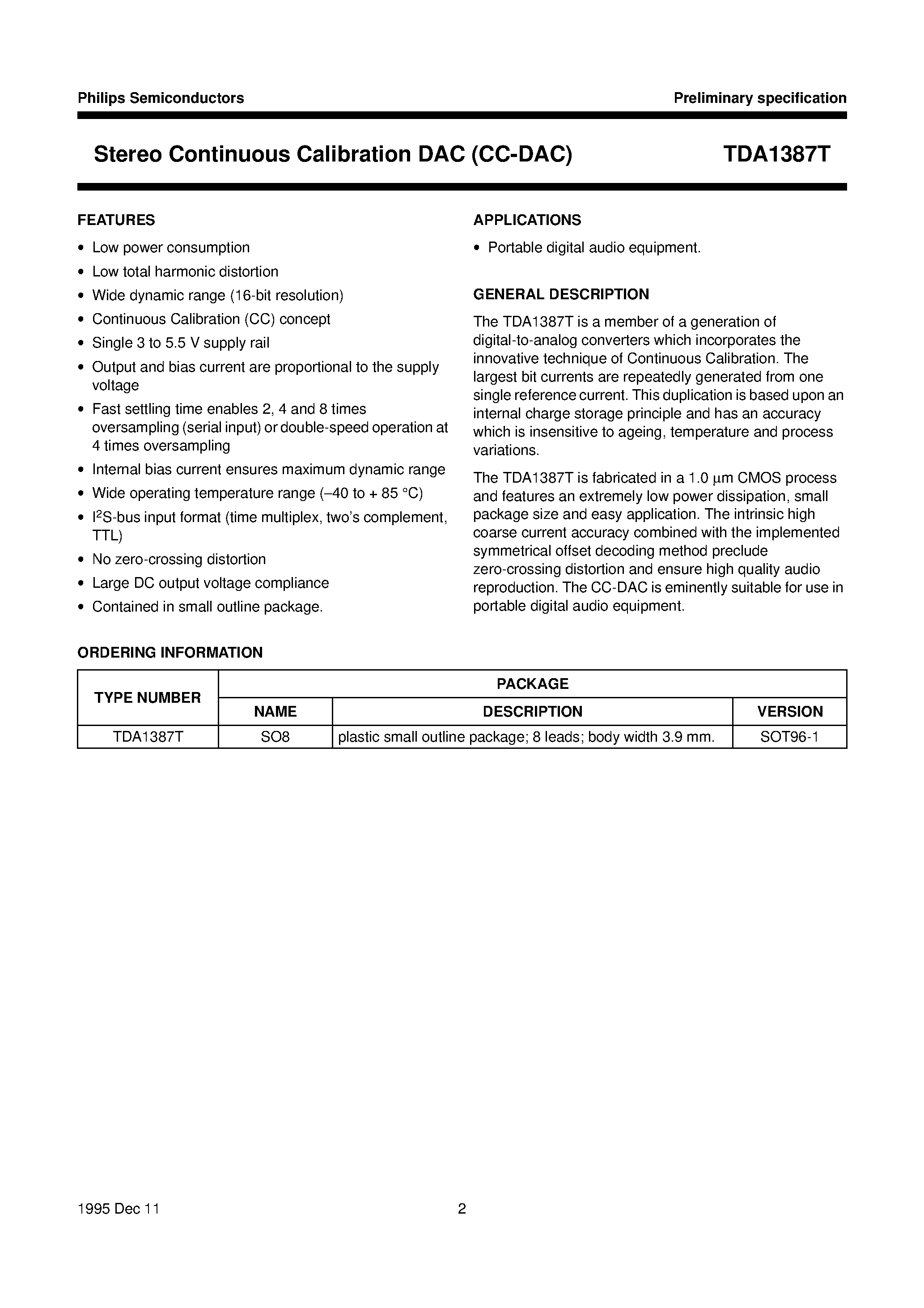 Datasheet TDA1387 - Stereo Continuous Calibration DAC CC-DAC page 2