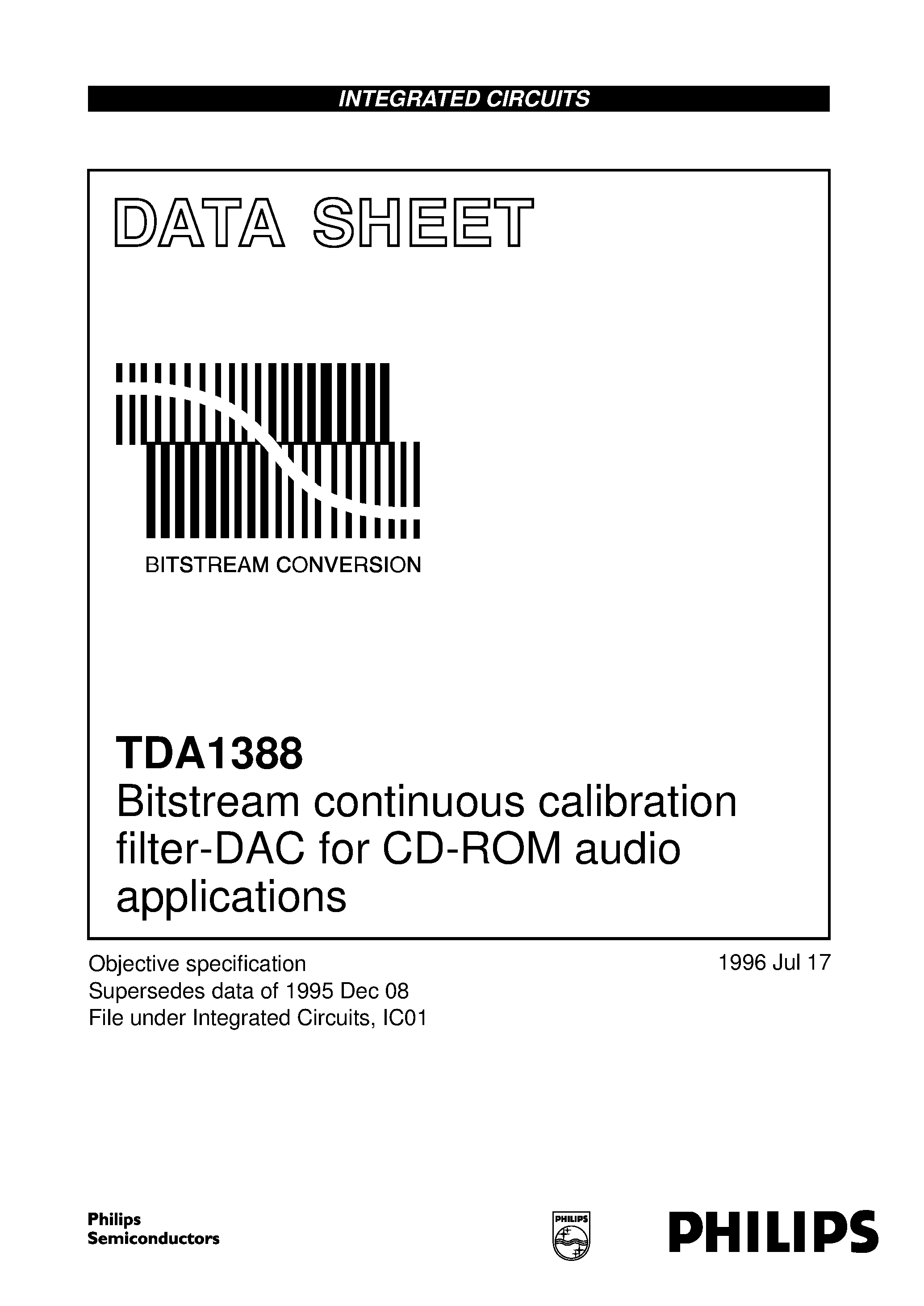 Даташит TDA1388 - Bitstream continuous calibration filter-DAC for CD-ROM audio applications страница 1