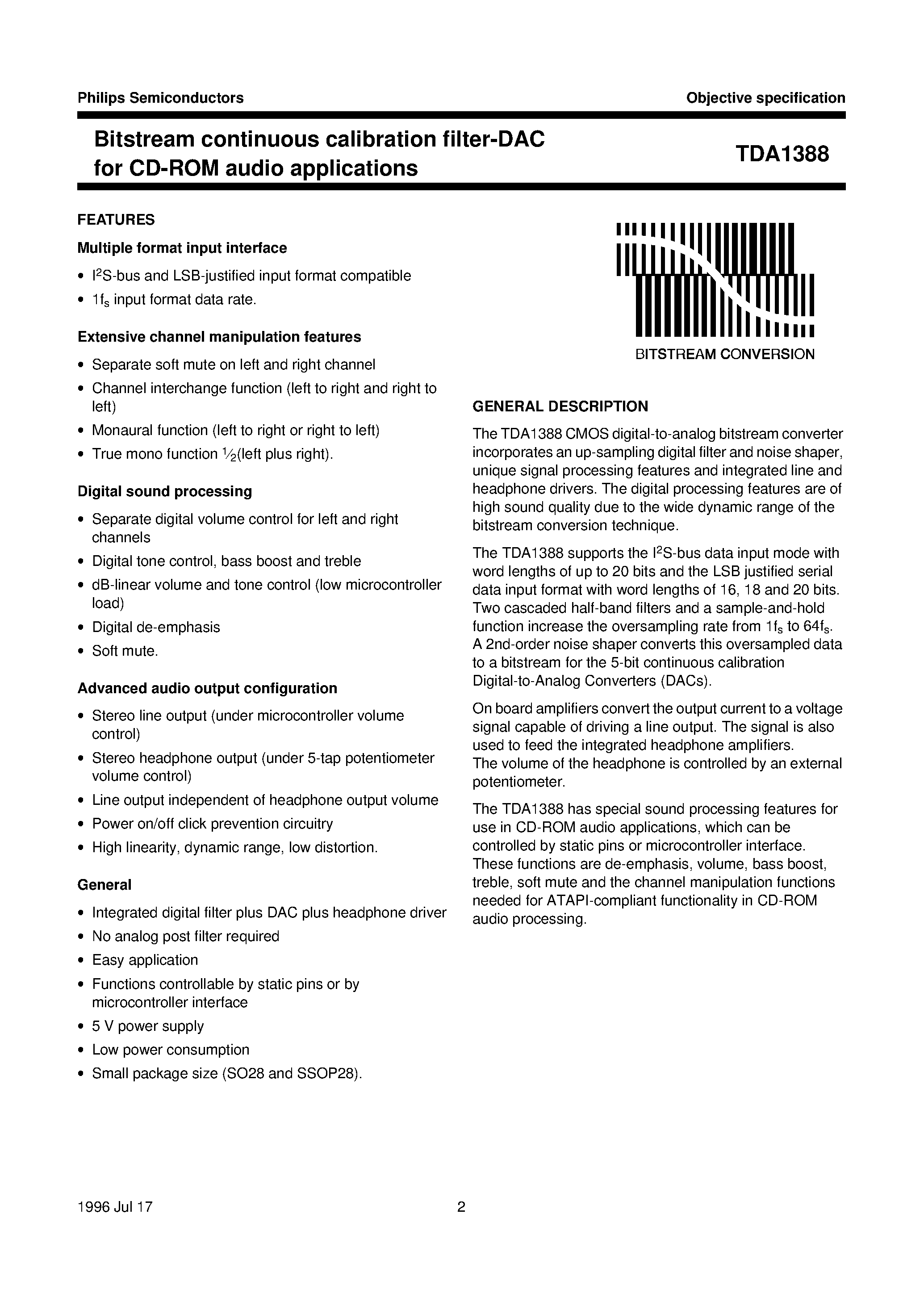 Даташит TDA1388 - Bitstream continuous calibration filter-DAC for CD-ROM audio applications страница 2
