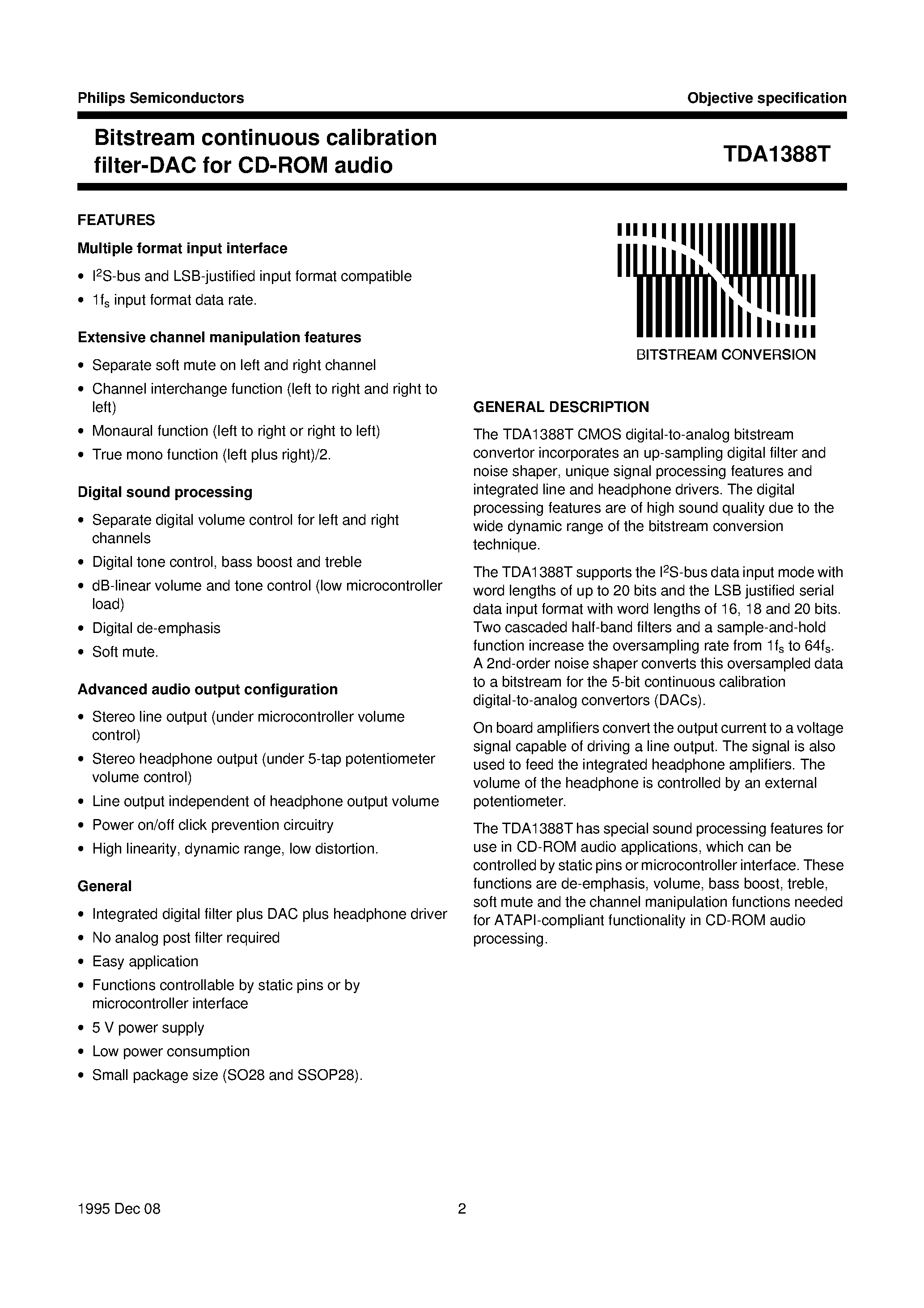 Datasheet TDA1388T - Bitstream continuous calibration filter-DAC for CD-ROM audio applications page 2