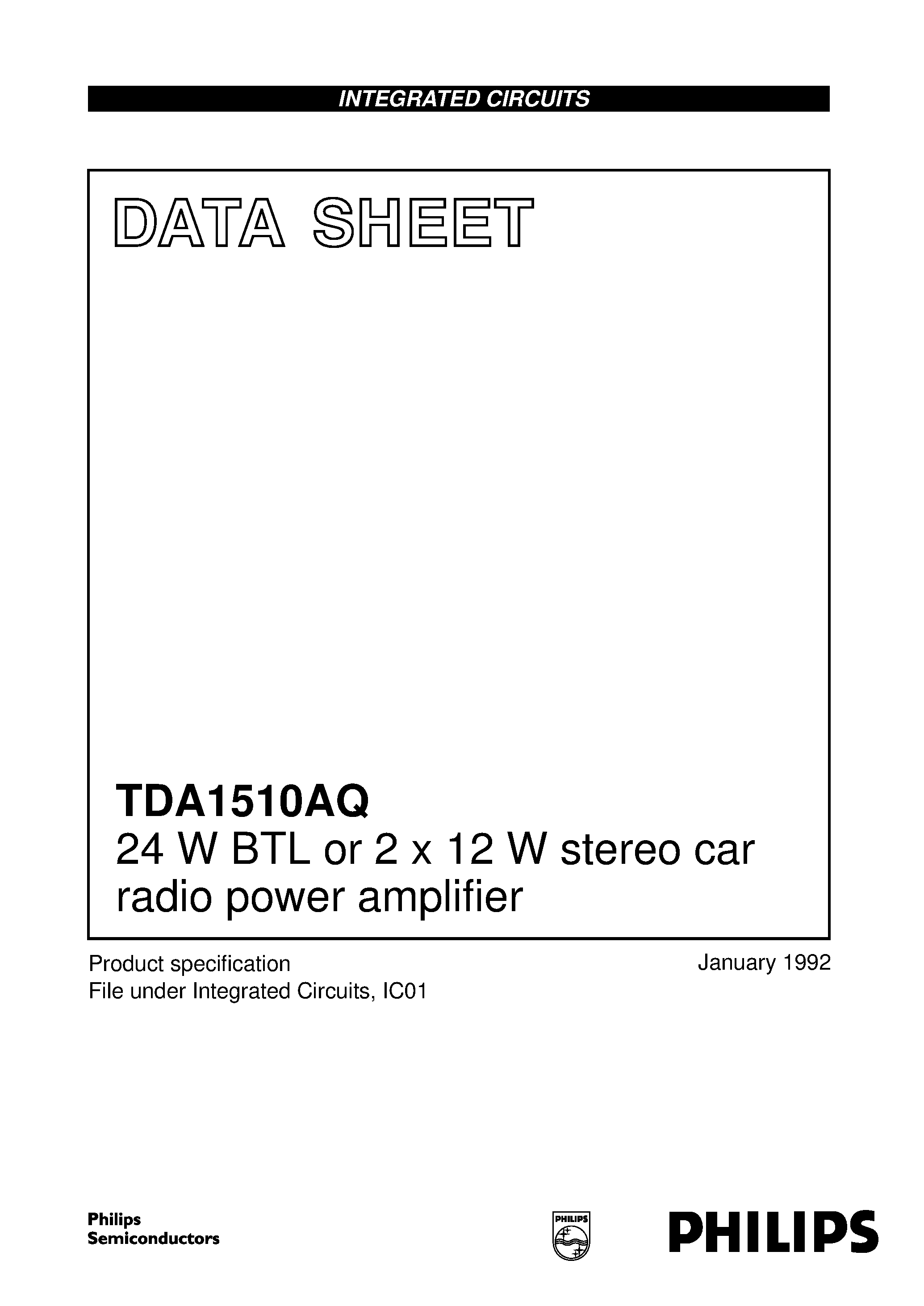 Даташит TDA1510 - 24 W BTL or 2 x 12 W stereo car radio power amplifier страница 1