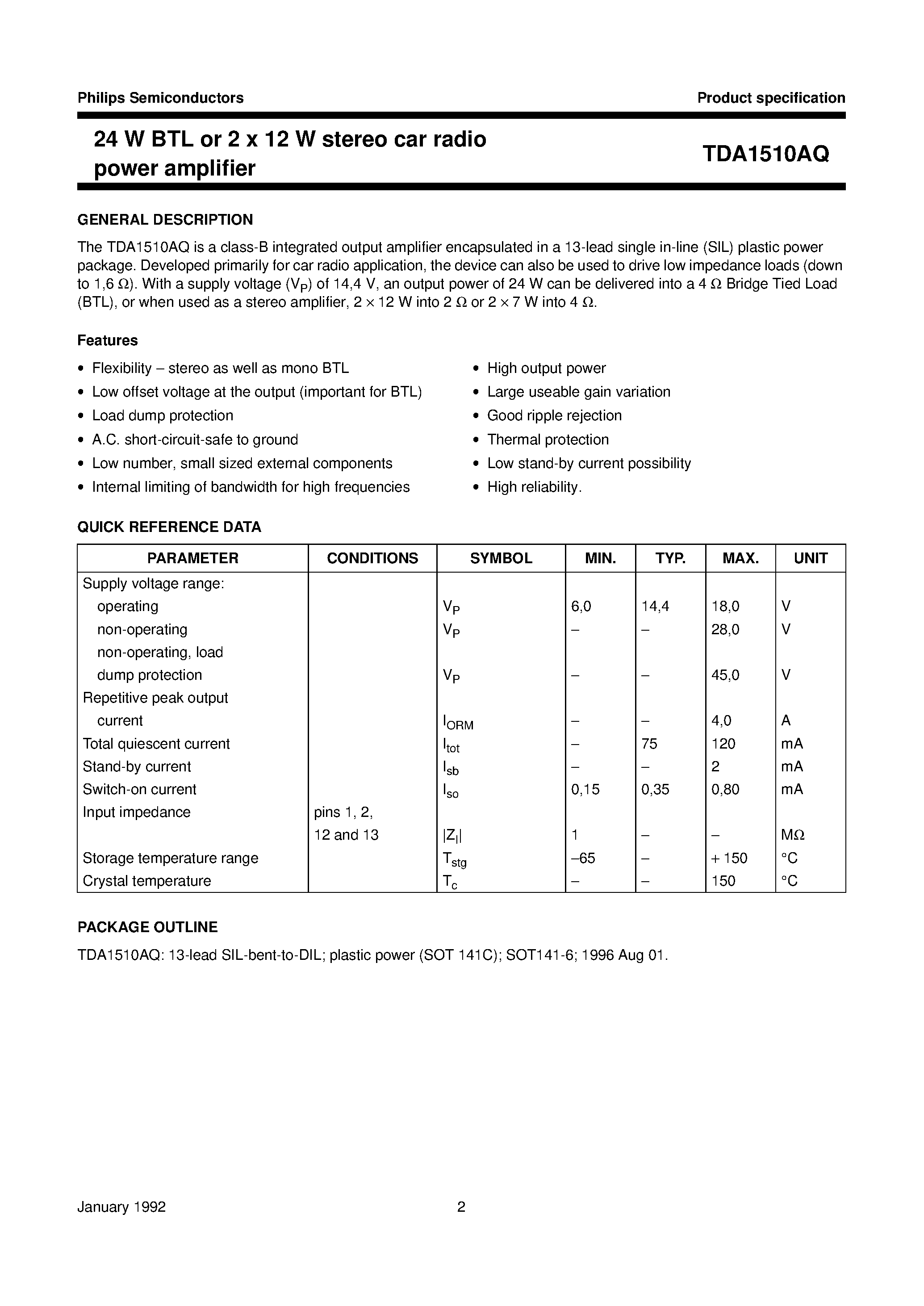 Даташит TDA1510AQ - 24 W BTL or 2 x 12 W stereo car radio power amplifier страница 2