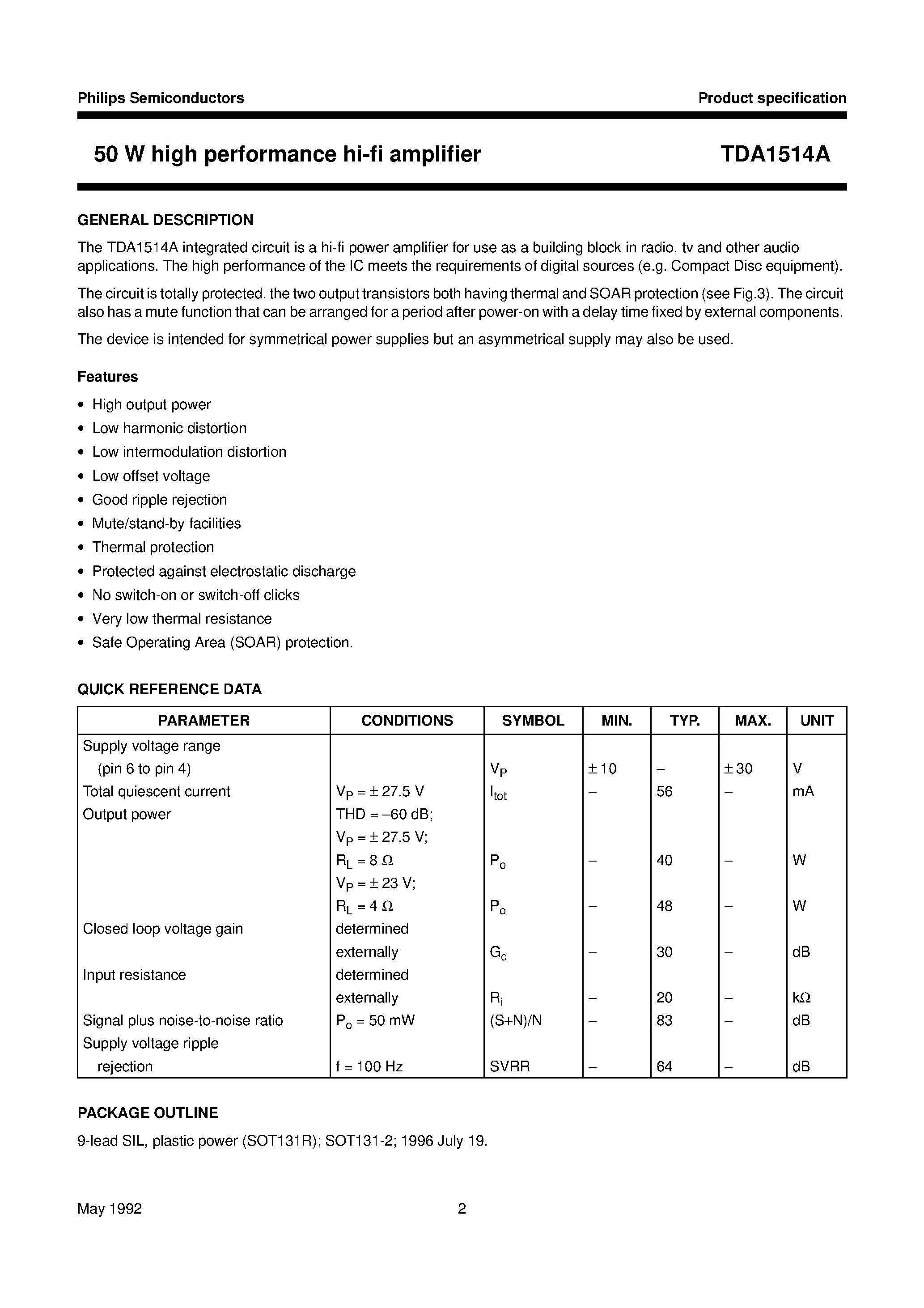 Datasheet TDA1514 - 50 W high performance hi-fi amplifier page 2