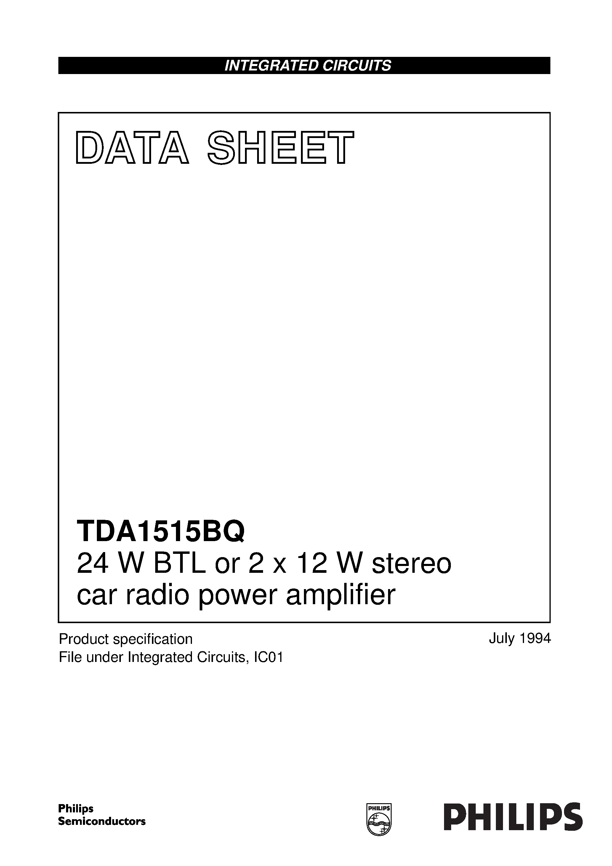 Даташит TDA1515 - 24 W BTL or 2 x 12 W stereo car radio power amplifier страница 1