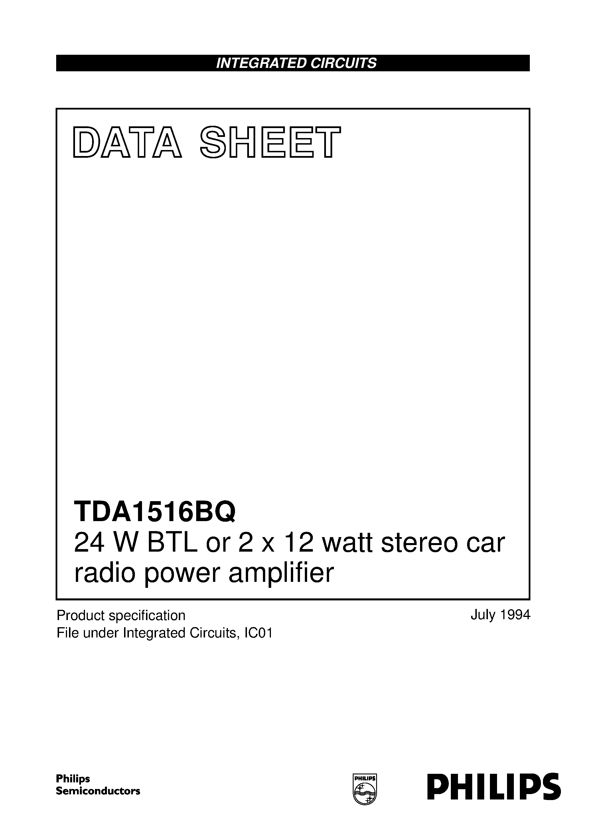 Даташит TDA1516 - 24 W BTL or 2 x 12 watt stereo car radio power amplifier страница 1