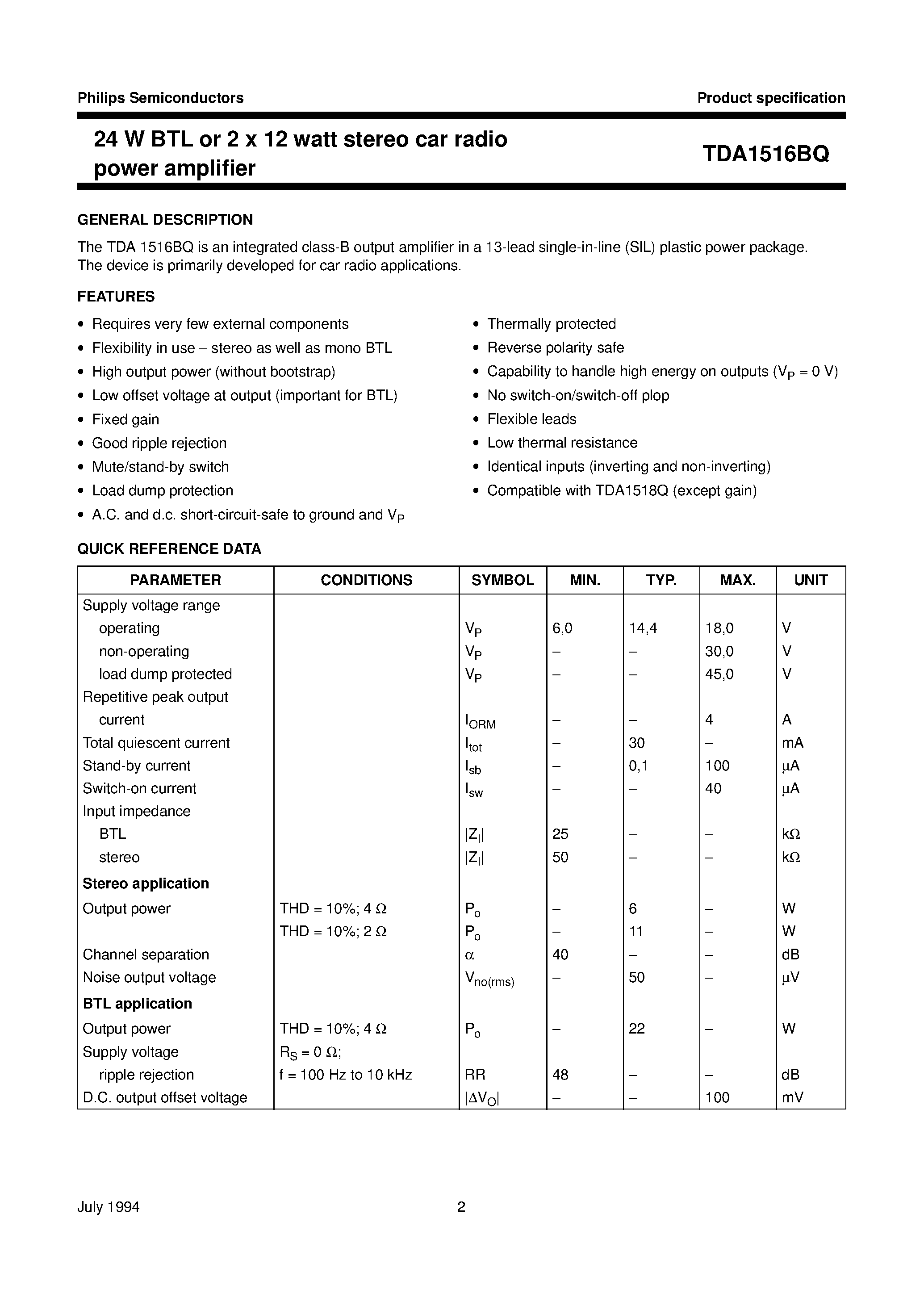 Даташит TDA1516BQ - 24 W BTL or 2 x 12 watt stereo car radio power amplifier страница 2