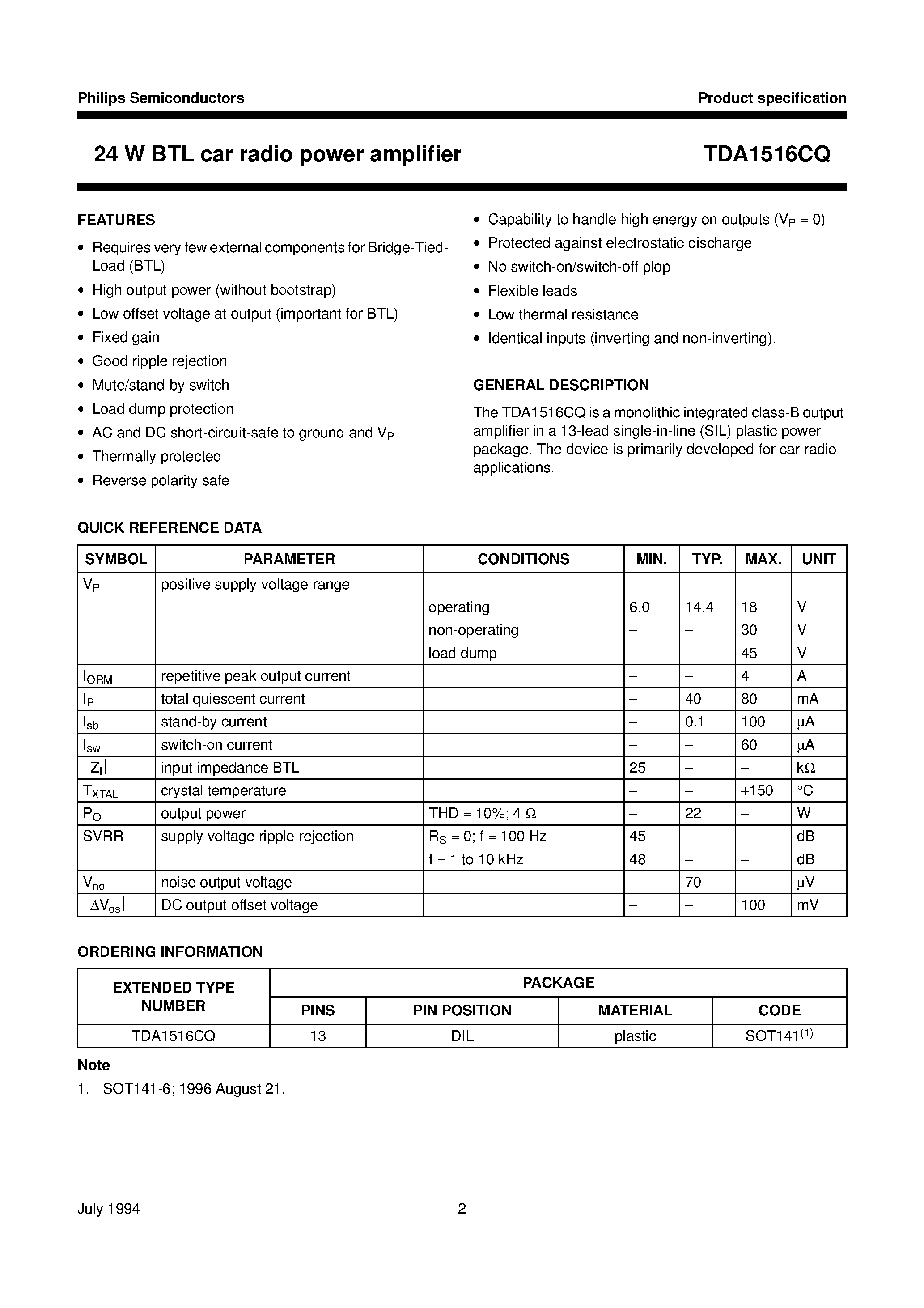 Datasheet TDA1516CQ - 24 W BTL car radio power amplifier page 2