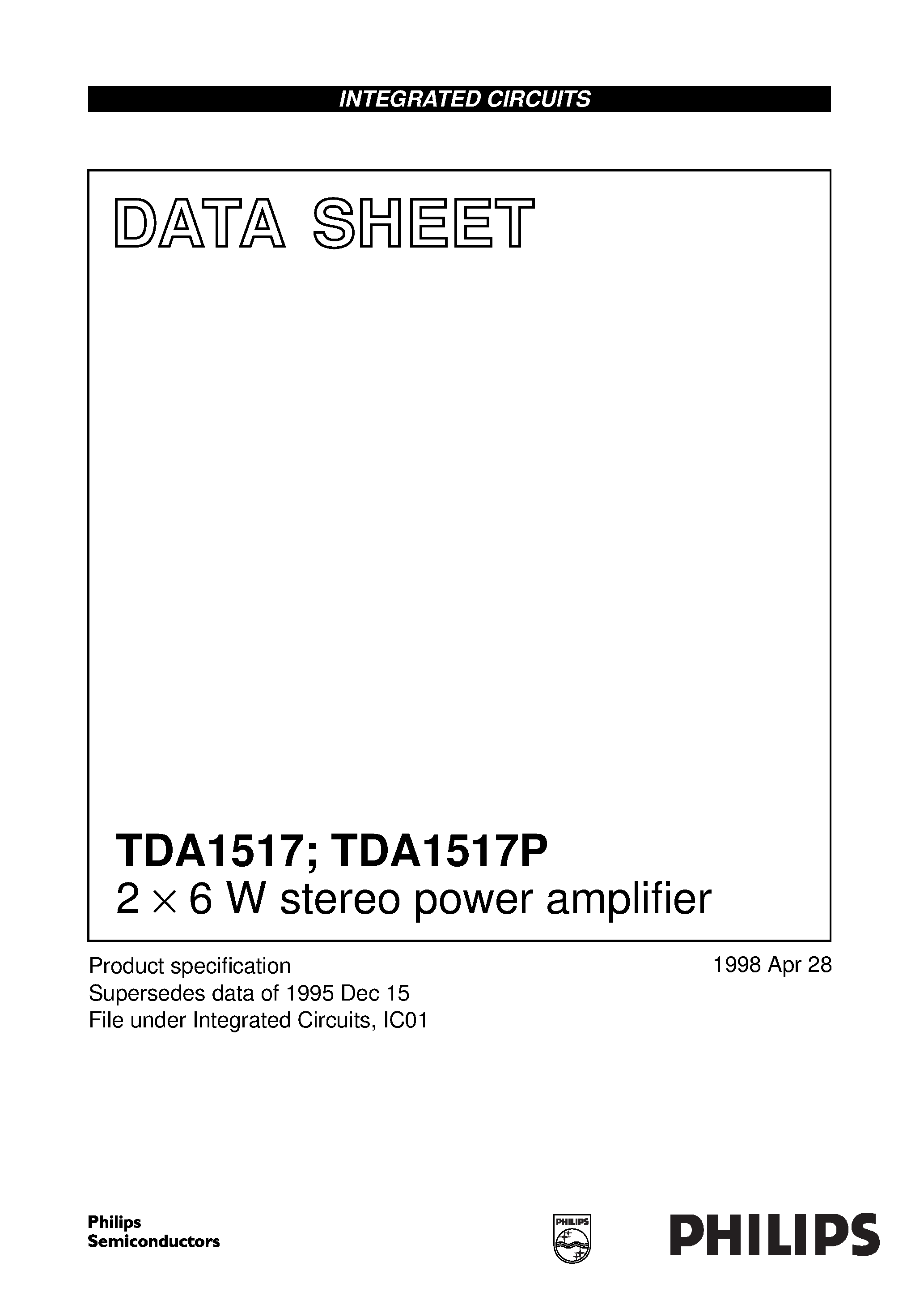 Даташит TDA1517 - 2 x 6 W stereo power amplifier страница 1