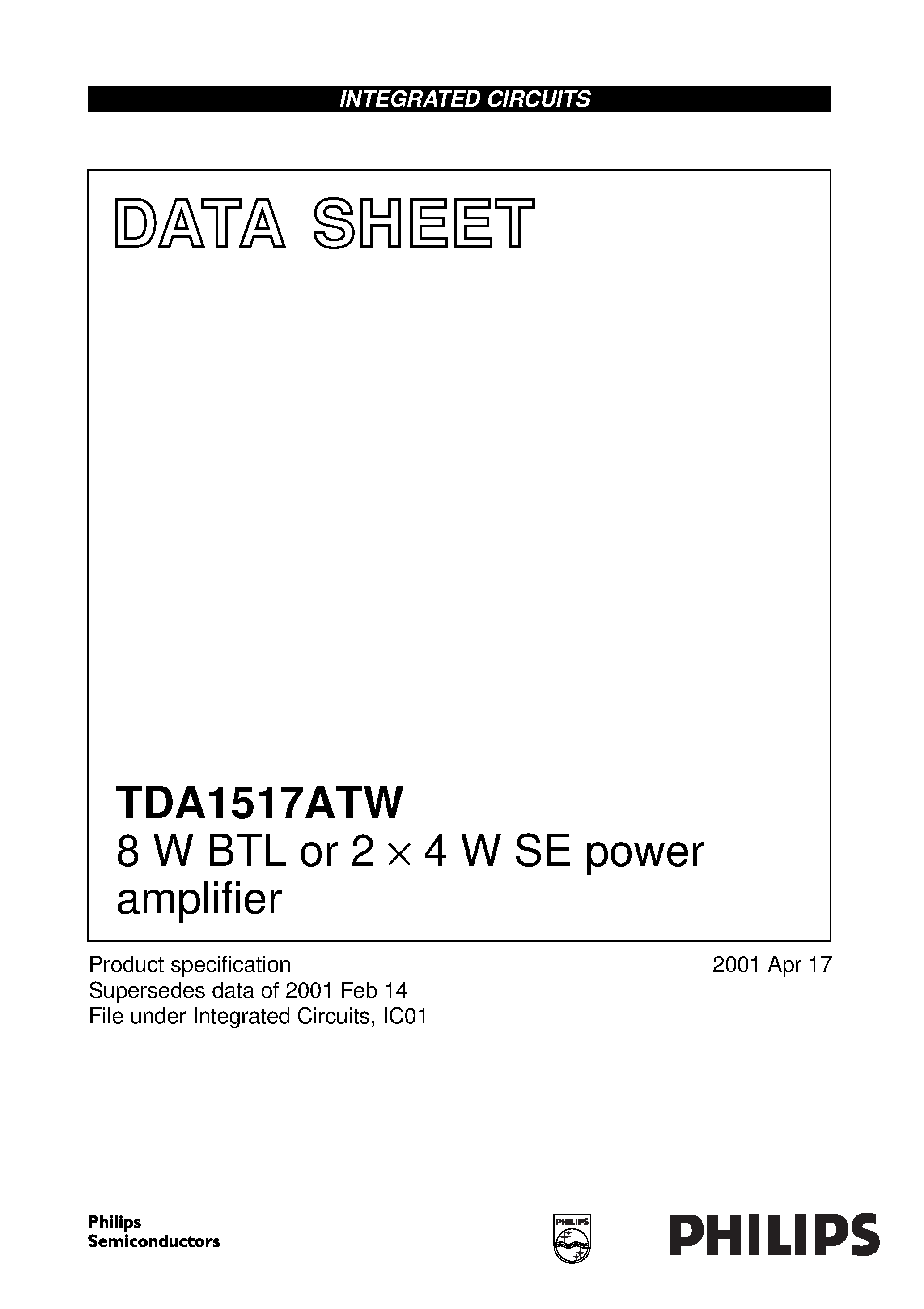 Даташит TDA1517A - 8 W BTL or 2 x 4 W SE power amplifier страница 1