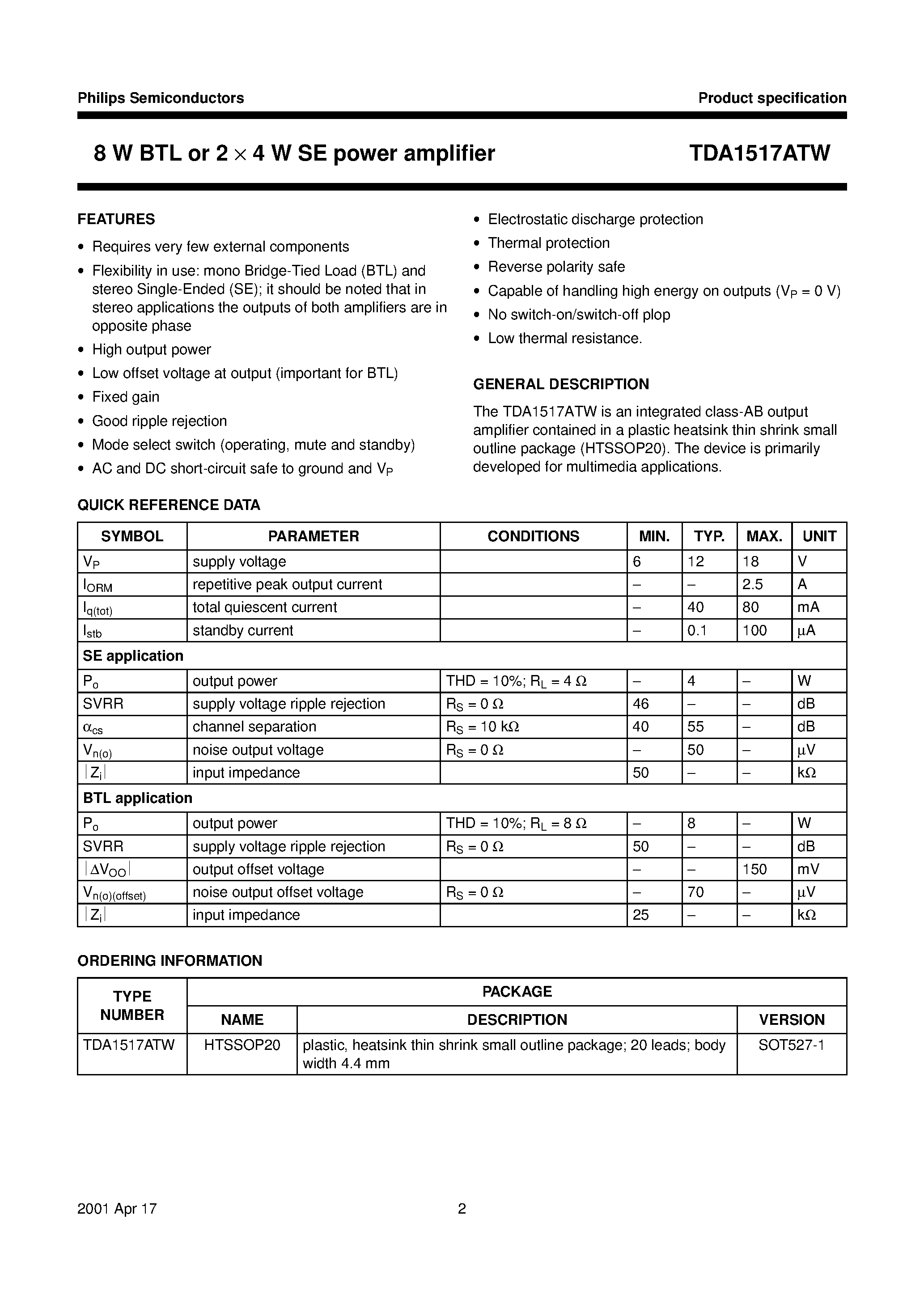 Даташит TDA1517ATW - 8 W BTL or 2 x 4 W SE power amplifier страница 2