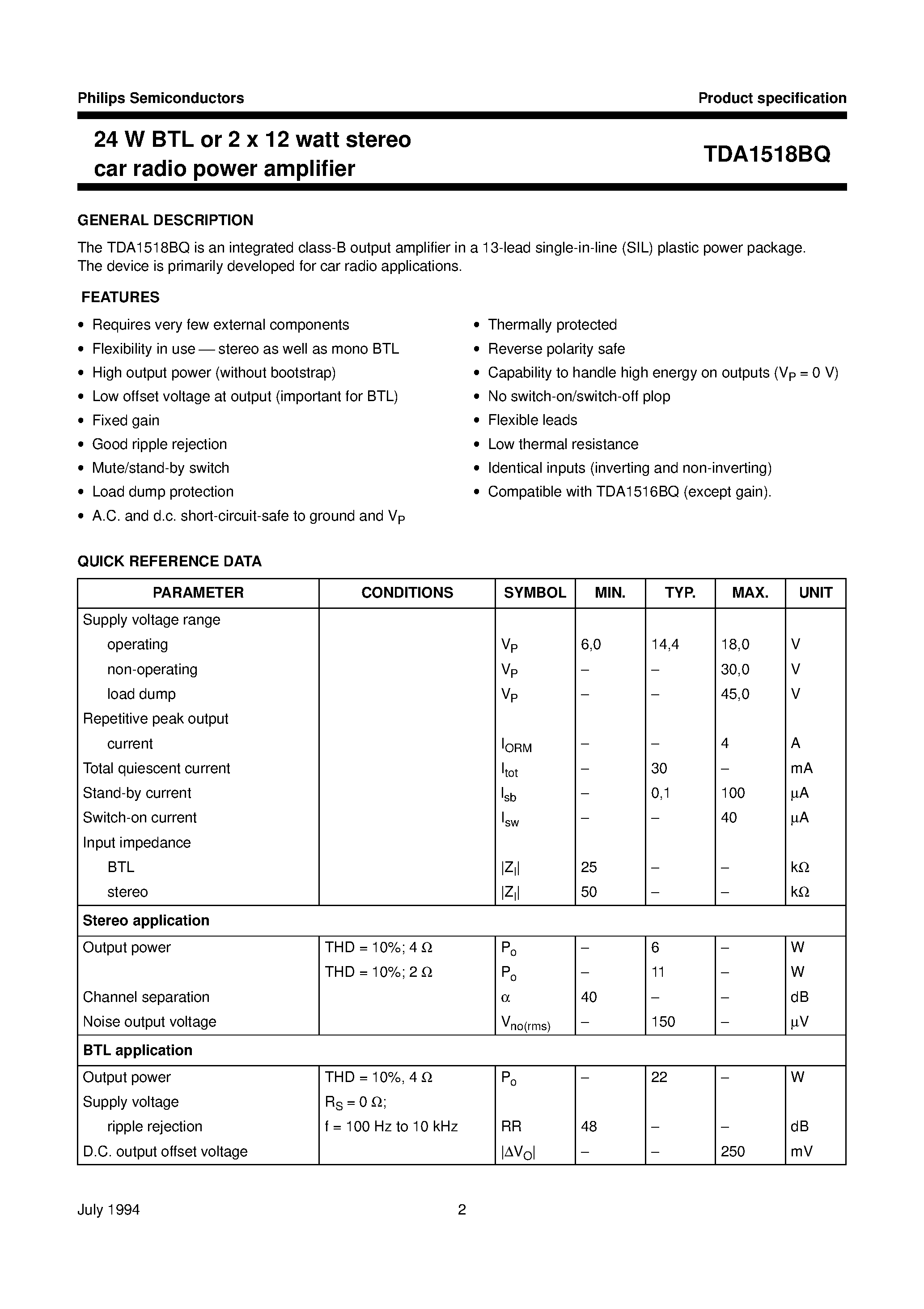 Даташит TDA1518 - 24 W BTL or 2 x 12 watt stereo car radio power amplifier страница 2