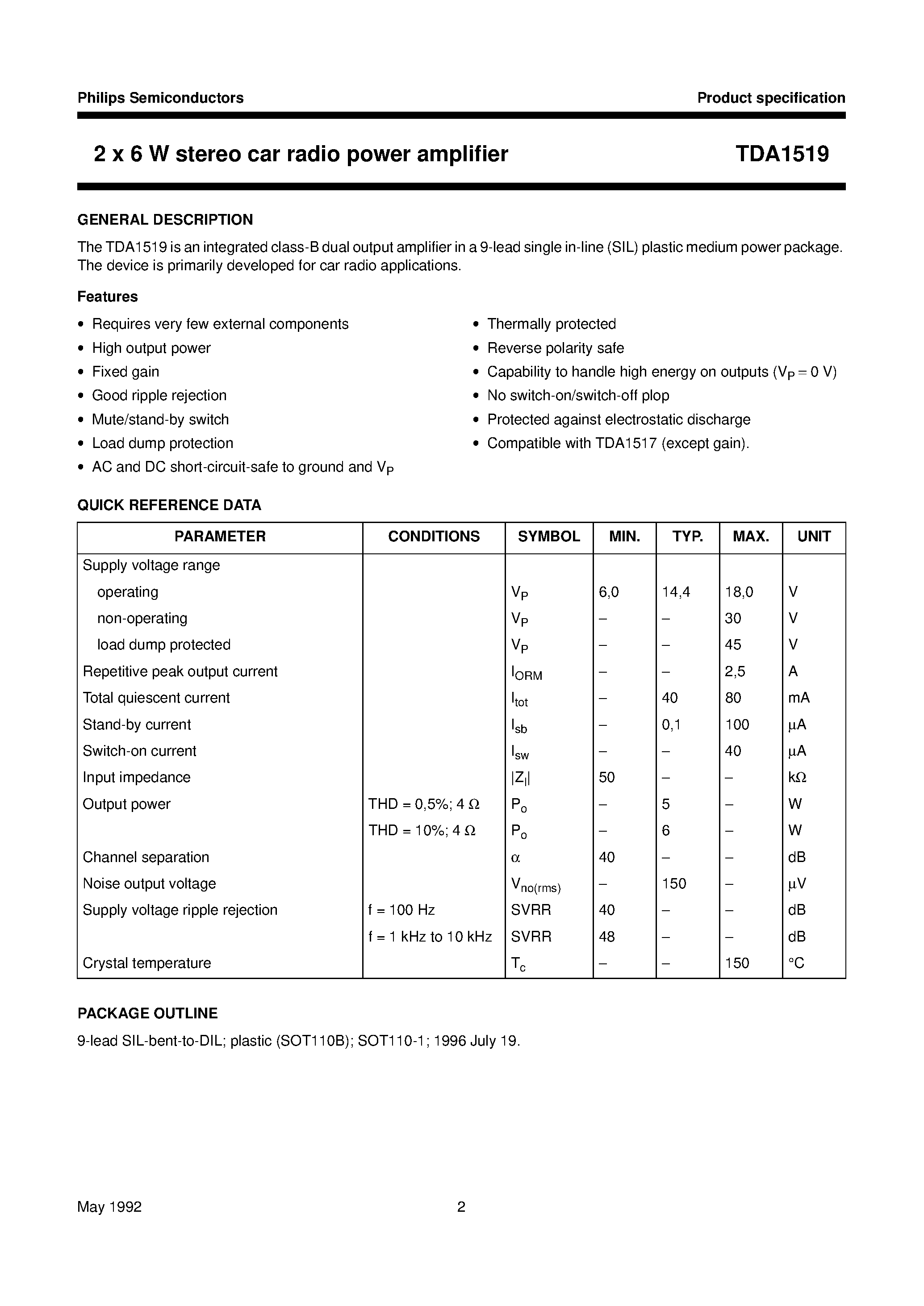 Даташит TDA1519 - 2 x 6 W stereo car radio power amplifier страница 2