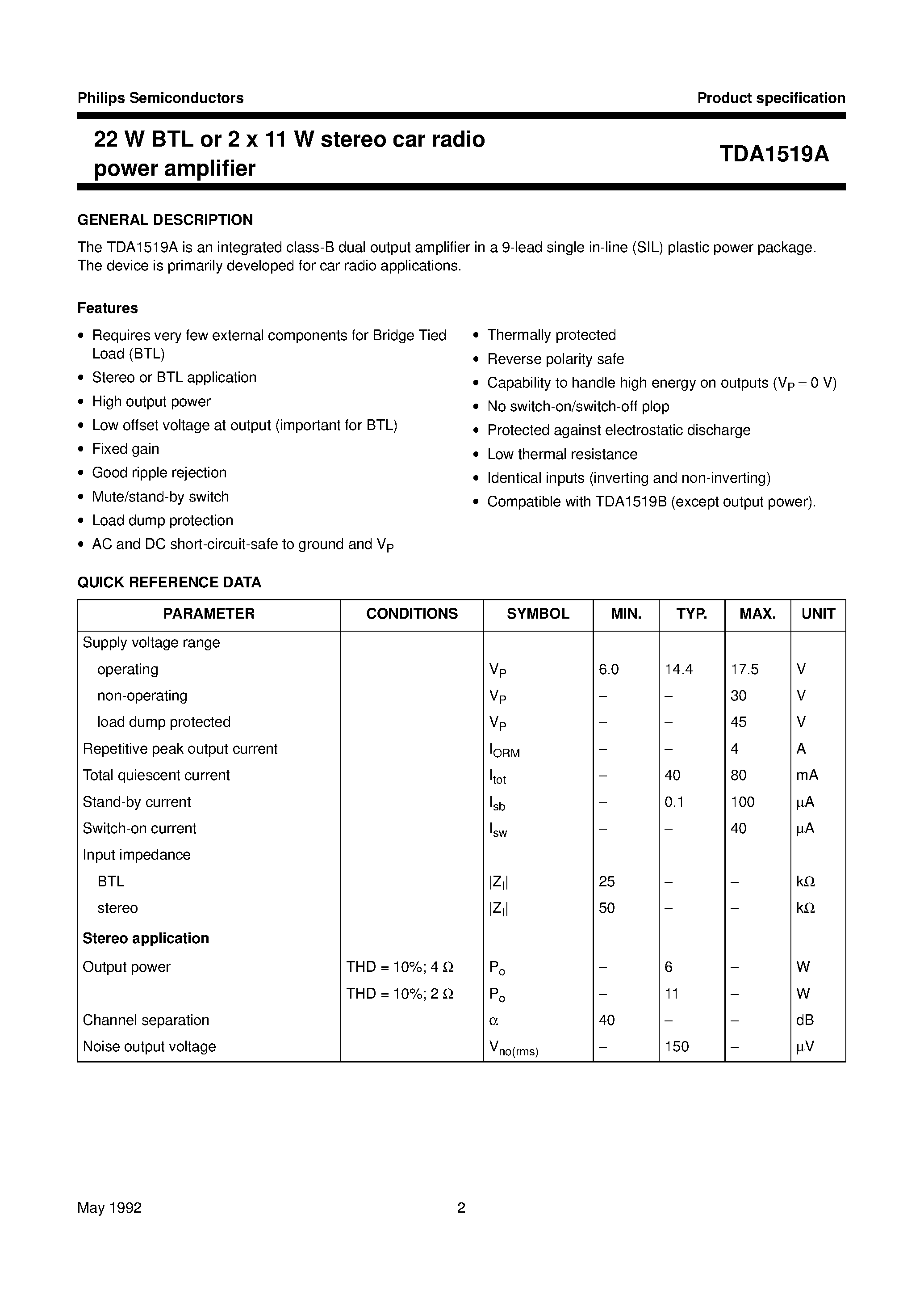 Даташит TDA1519A - 22 W BTL or 2 x 11 W stereo car radio power amplifier страница 2