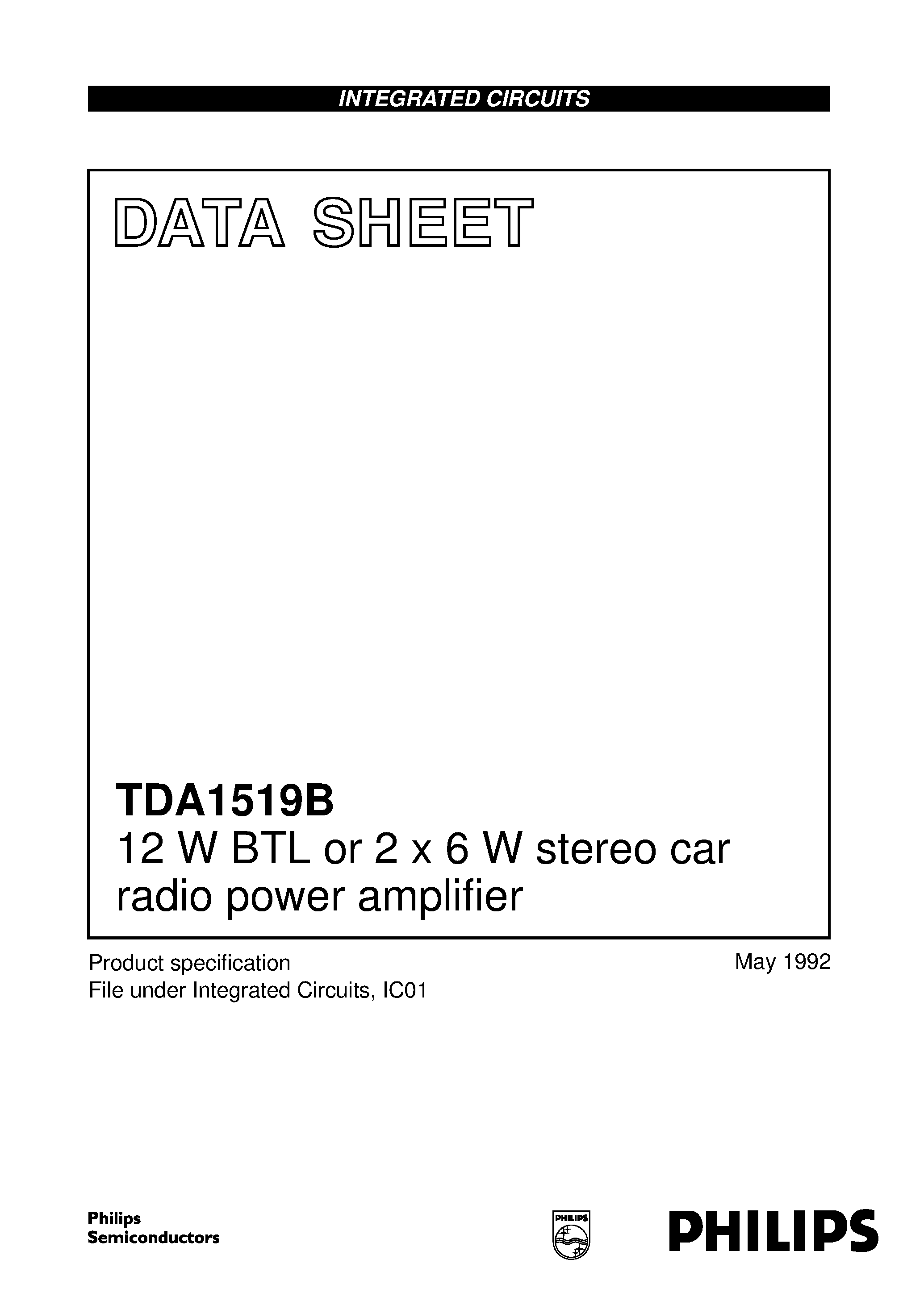 Даташит TDA1519B - 12 W BTL or 2 x 6 W stereo car radio power amplifier страница 1