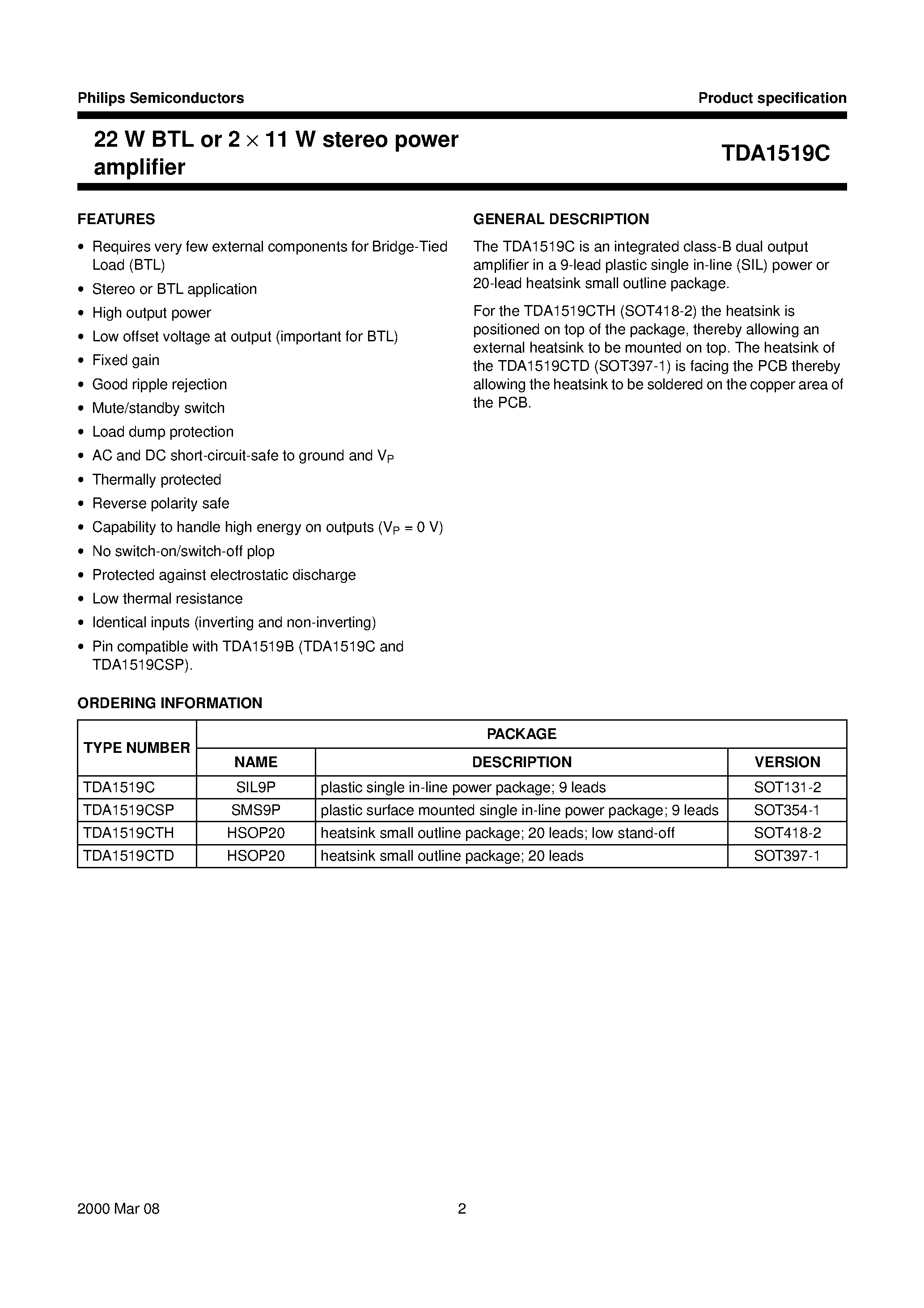 Даташит TDA1519C - 22WBTL or 2 x 11Wstereo power amplifier страница 2