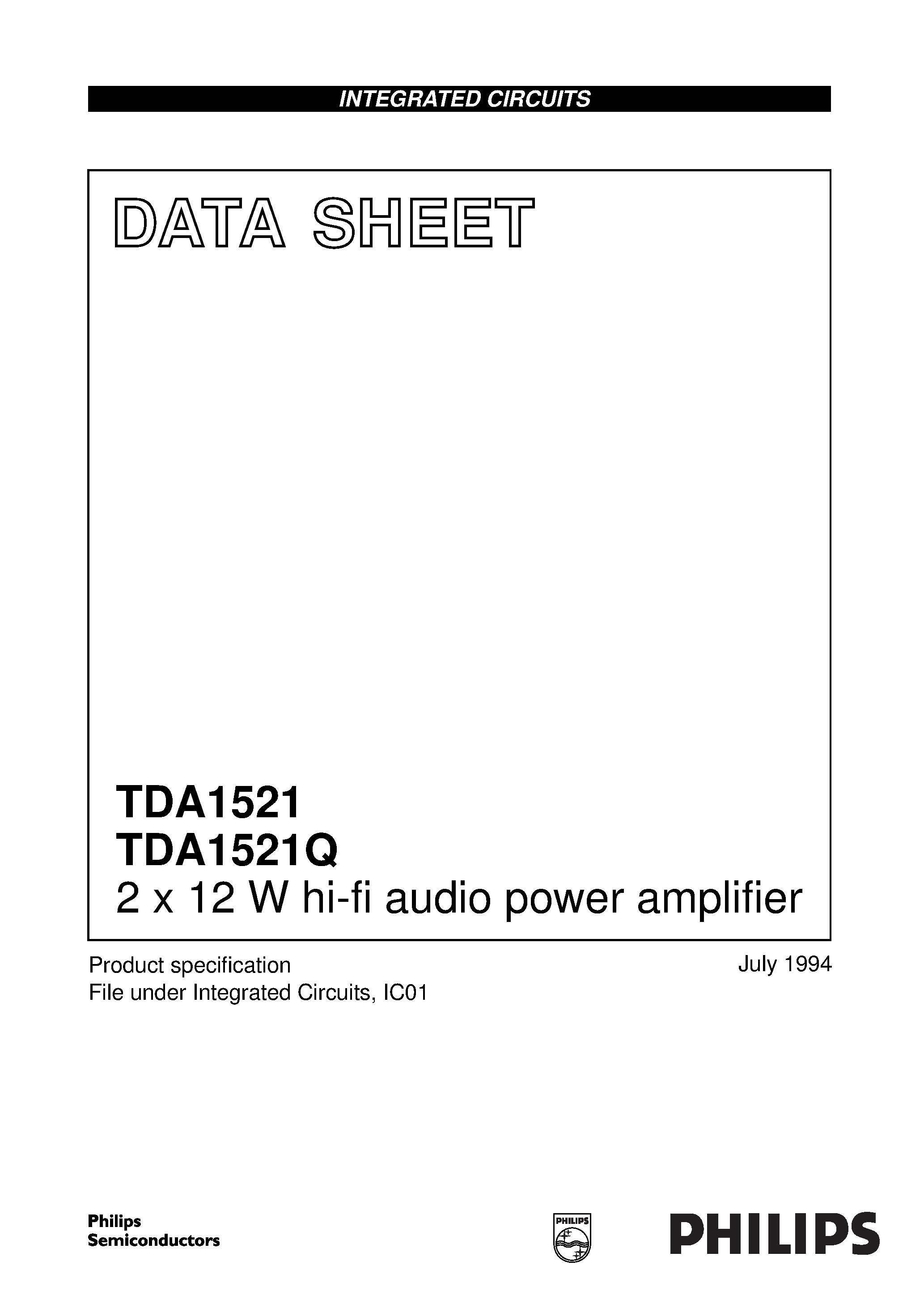 Даташит TDA1521 - 2 x 12 W hi-fi audio power amplifier страница 1