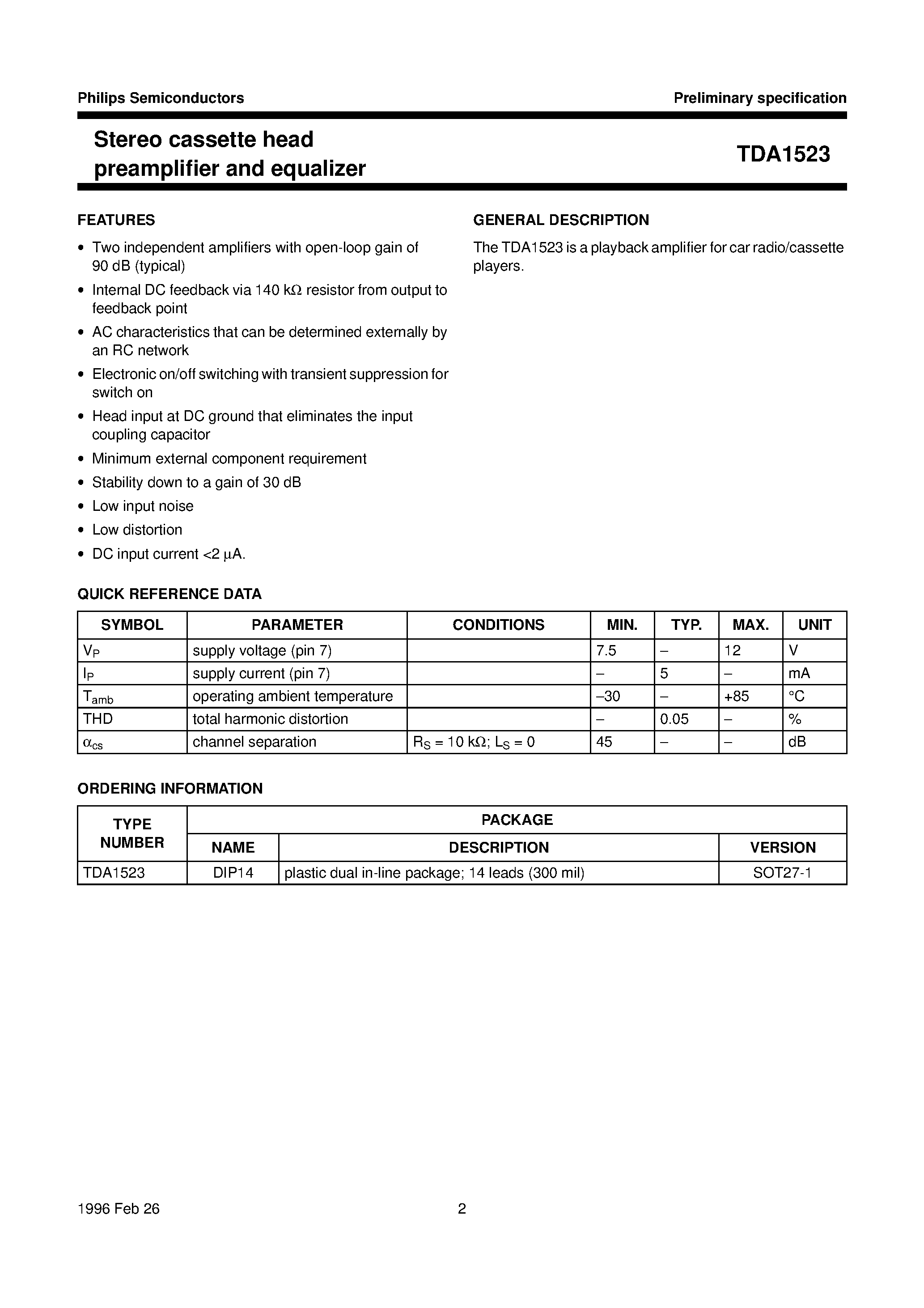 Datasheet TDA1523 - Stereo cassette head preamplifier and equalizer page 2