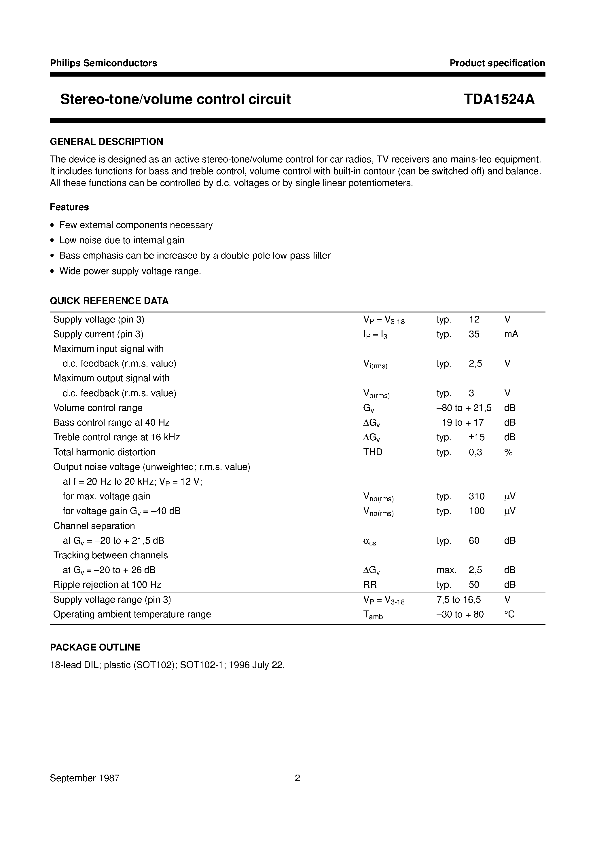 Datasheet TDA1524 - Stereo-tone/volume control circuit page 2